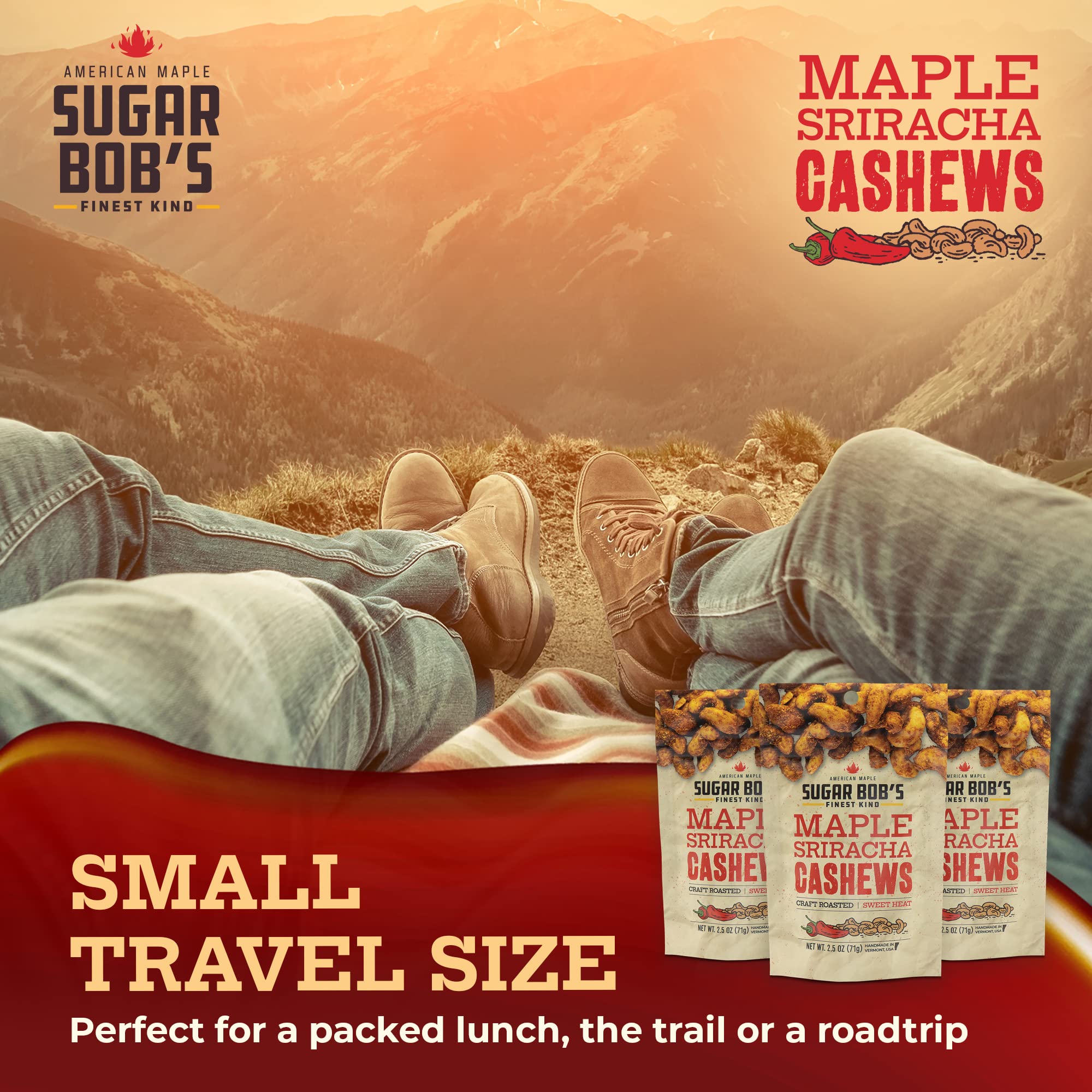 Sugar Bob’s Finest Kind, Maple Sriracha Cashews, Slow Roasted Sweet and Salty Nuts, Handmade in Vermont, 2.5 oz (Pack of 3)