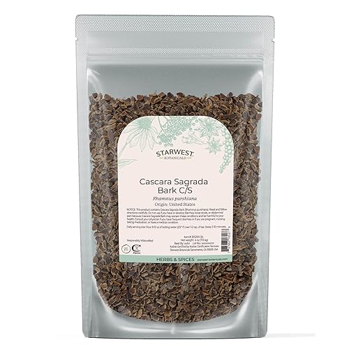 Starwest Botanicals Cascara Sagrada Bark - Dried Herb for Tea & Natural Herbal Blends, Pure Rhamnus Purshiana, Wildcrafted, Cut & Sifted, Certified