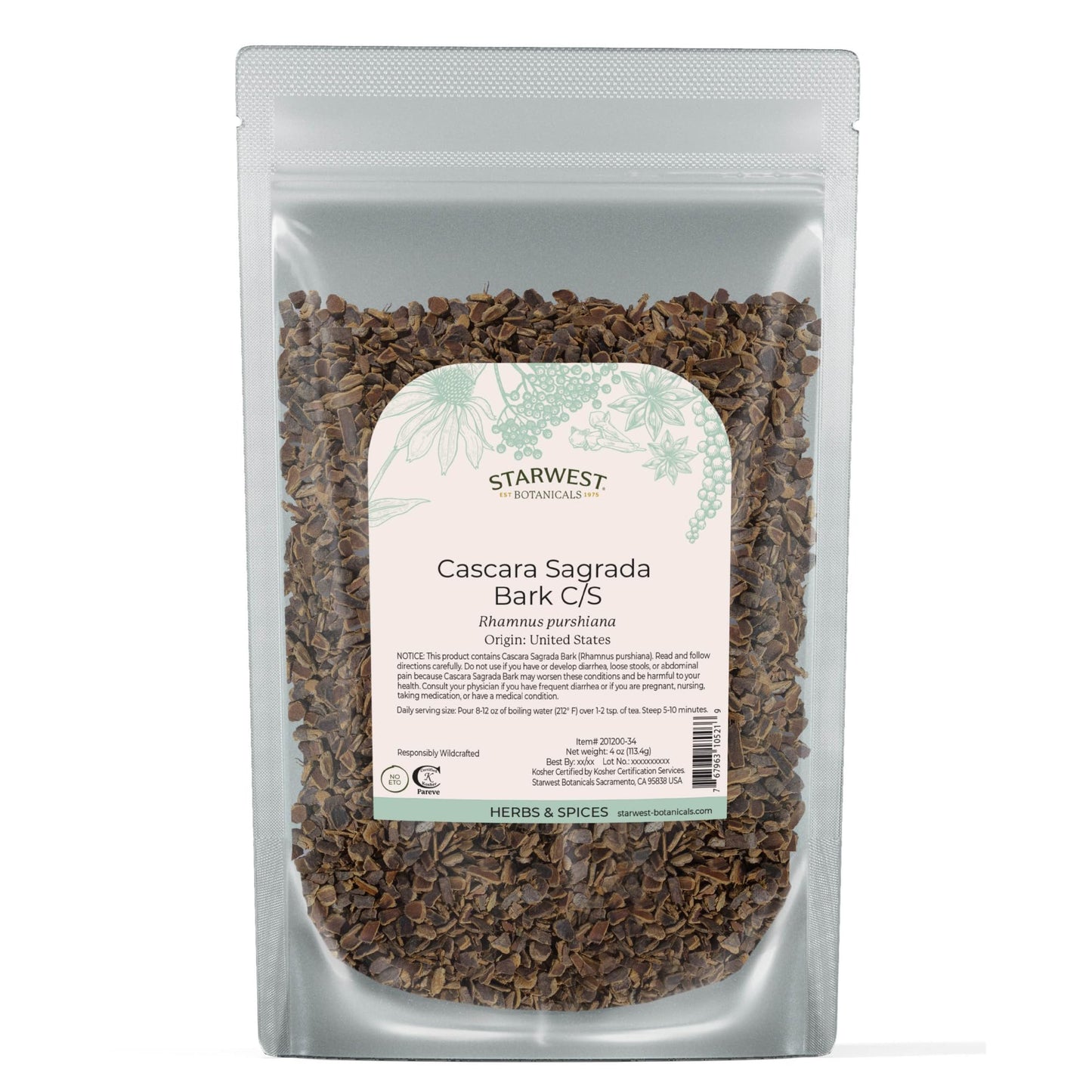 Starwest Botanicals Cascara Sagrada Bark - Dried Herb for Tea & Natural Herbal Blends, Pure Rhamnus Purshiana, Wildcrafted, Cut & Sifted, Certified