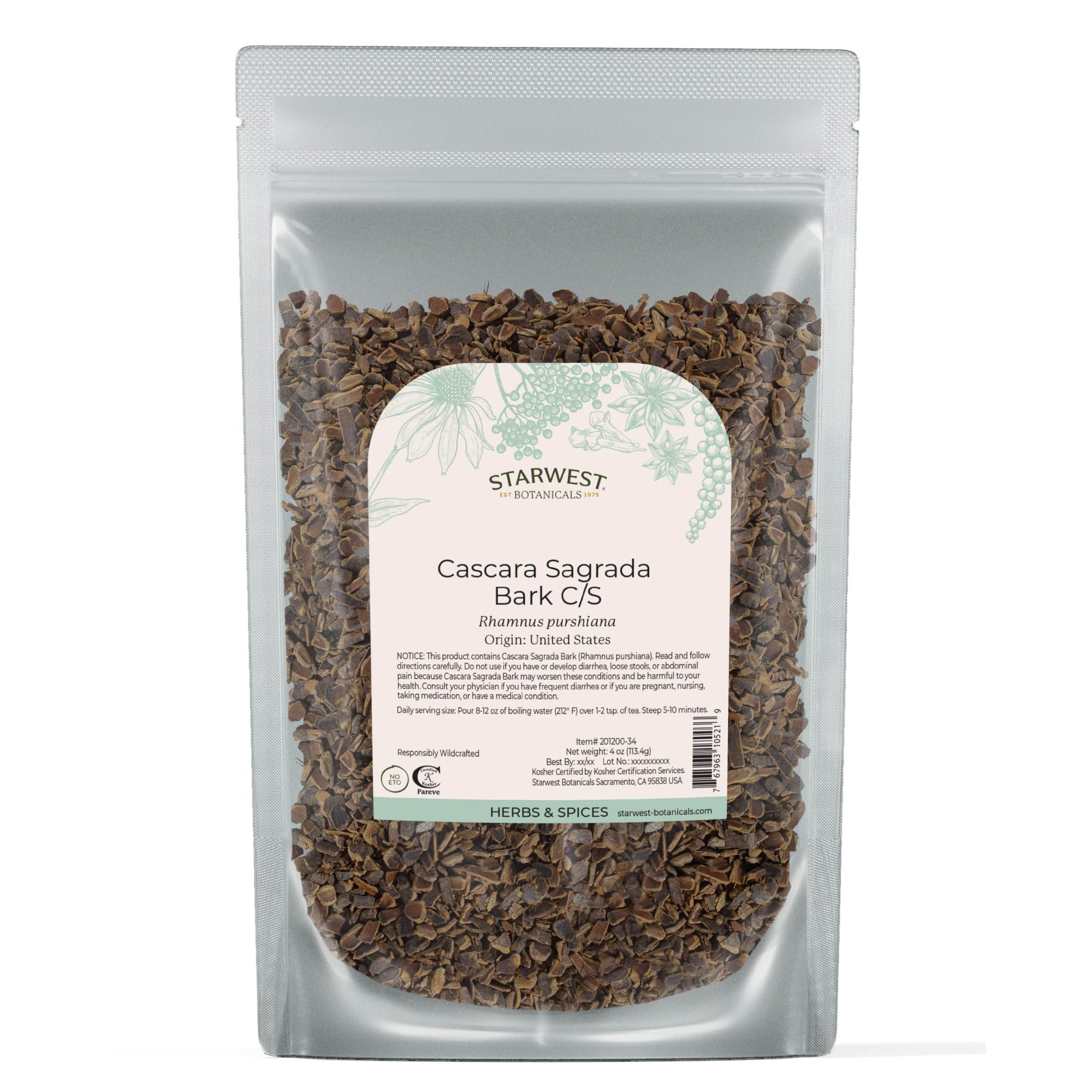 Starwest Botanicals Cascara Sagrada Bark - Dried Herb for Tea & Natural Herbal Blends, Pure Rhamnus Purshiana, Wildcrafted, Cut & Sifted, Certified