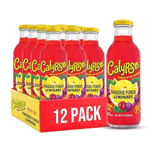 Calypso Lemonade, Paradise Punch Lemonade, Made with Real Fruit, 16 Fl Oz Glass Bottles (Pack of 12)