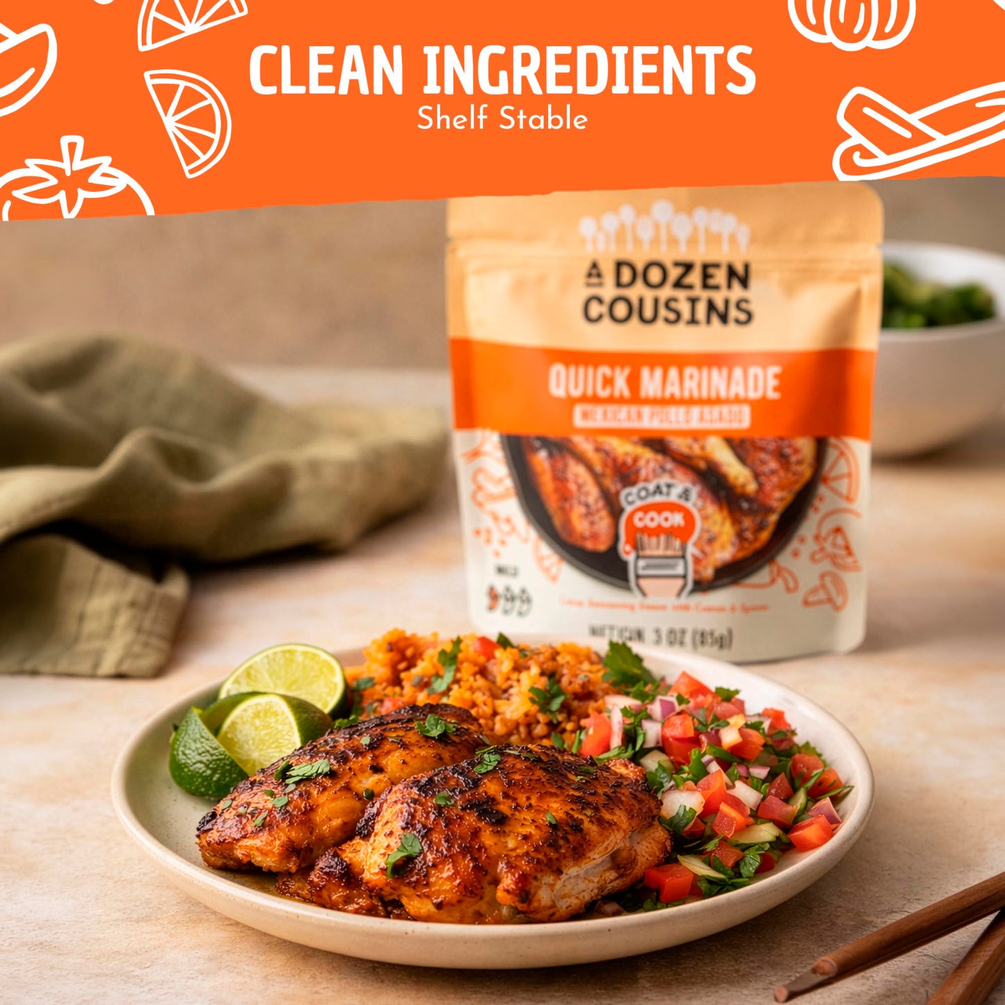 A Dozen Cousins Quick Chicken Marinade Seasoning Sauce Pouch (10-Pack), Mexican Pollo Asado Seasoning, Instant Meal Coat & Cook, Citrus Sauce