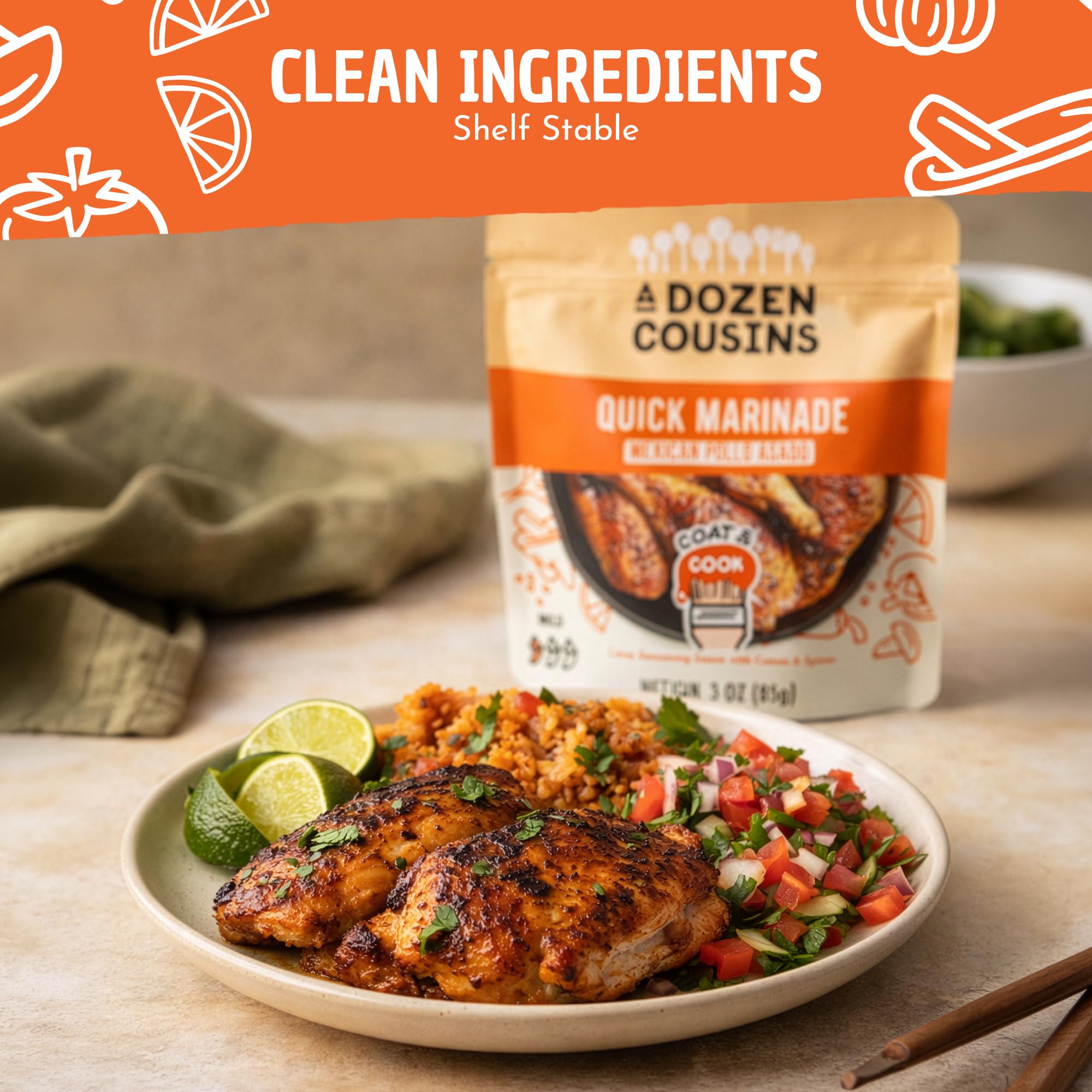 A Dozen Cousins Quick Chicken Marinade Seasoning Sauce Pouch (10-Pack), Mexican Pollo Asado Seasoning, Instant Meal Coat & Cook, Citrus Sauce