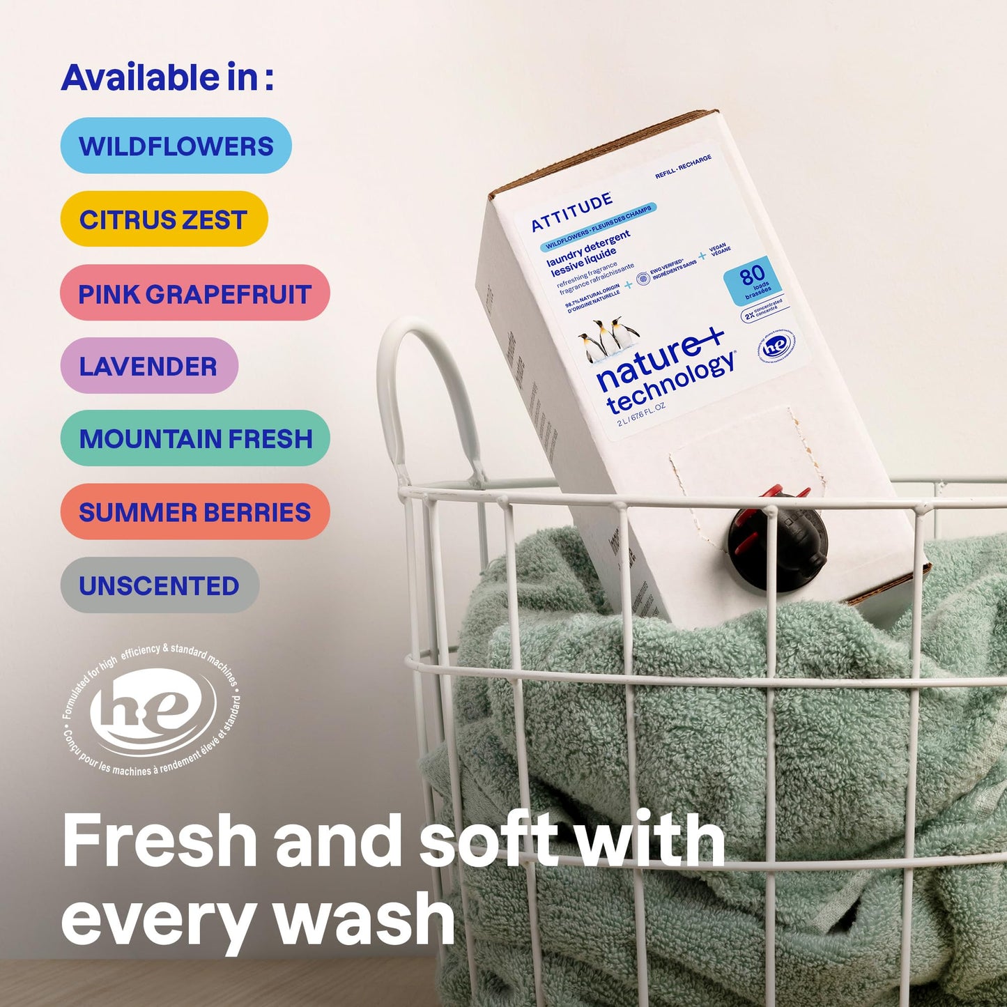 ATTITUDE Liquid Laundry Detergent Refill, EWG Verified, HE Compatible, Plant-Based & Vegan, Natural Laundry Soap, Lavender Scent, 80 Loads, 67.6 Fl Oz