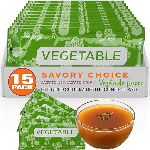 SAVORY CHOICE Reduced Sodium Vegetable Broth Concentrate, 15 Packets (9.6g) - Vegan, Vegetarian, Gluten-Free, Diary-Free Broth Concentrate