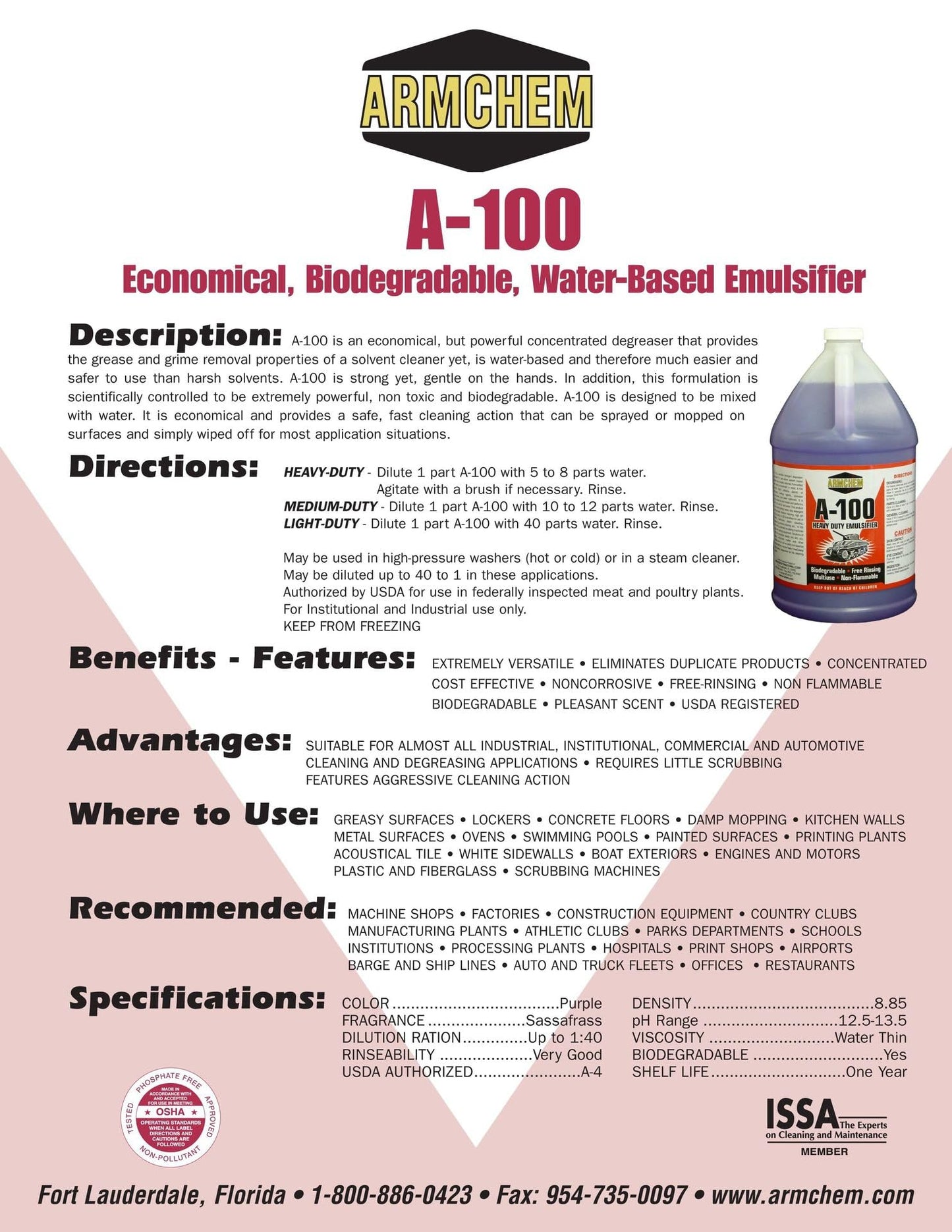 Armchem A-100 Heavy Duty Biodegradable Degreaser - Economical, Non-Toxic, Water-Based Emulsifier for Industrial, Institutional, and Commercial