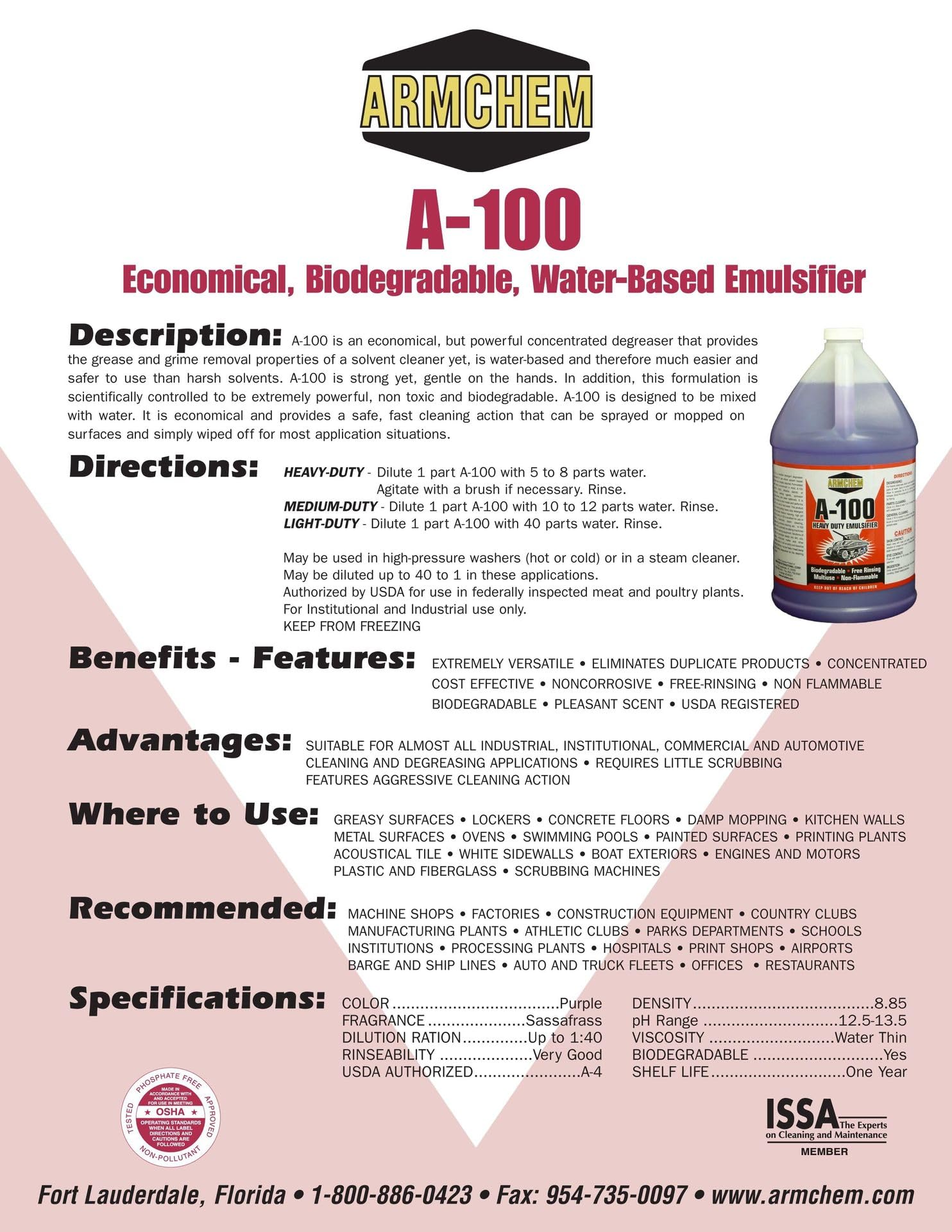 Armchem A-100 Heavy Duty Biodegradable Degreaser - Economical, Non-Toxic, Water-Based Emulsifier for Industrial, Institutional, and Commercial