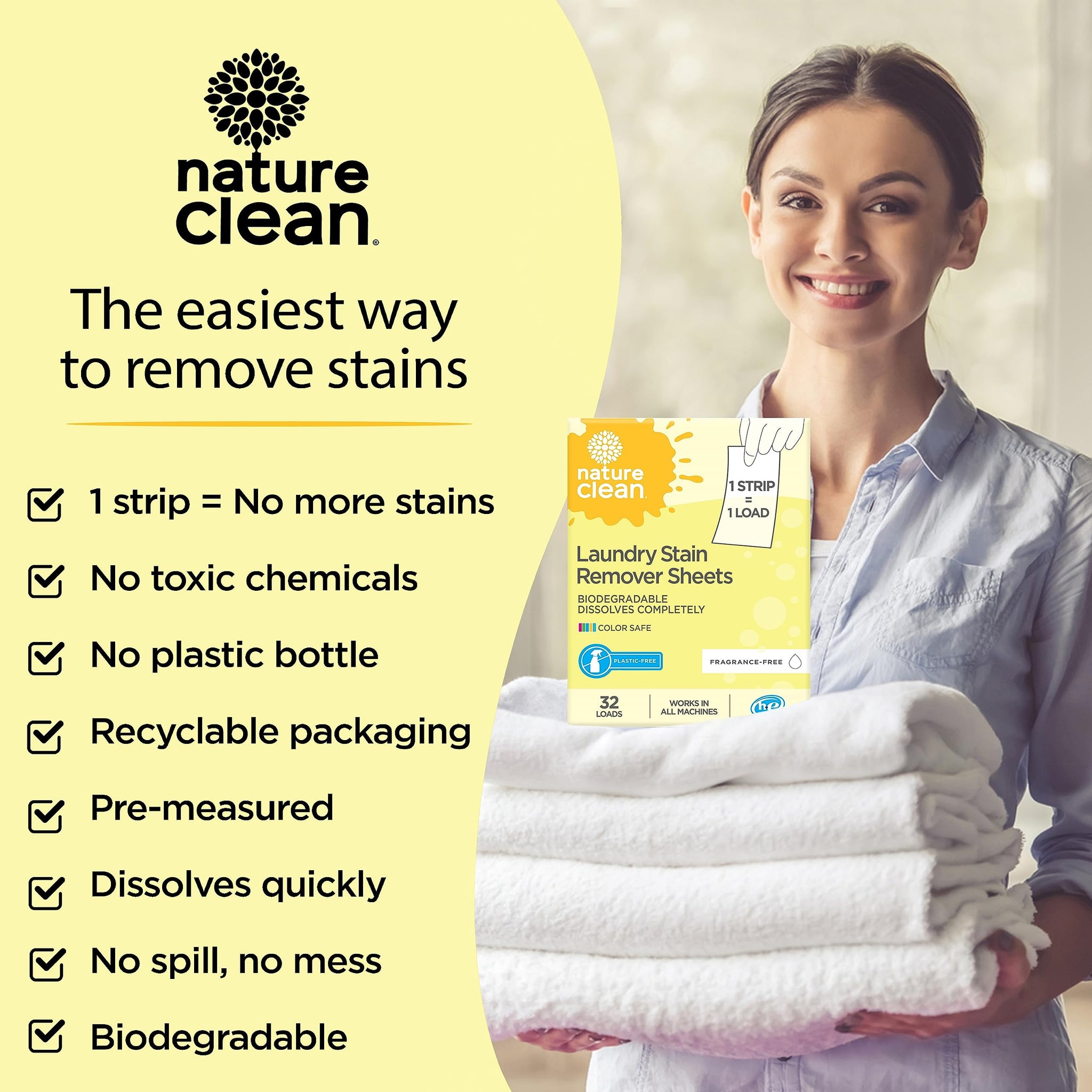 Nature Clean Natural Stain Remover for Clothes Laundry Strips Unscented 32 Count, Non-Toxic Advanced Stain Remover Treater Laundry Sheets