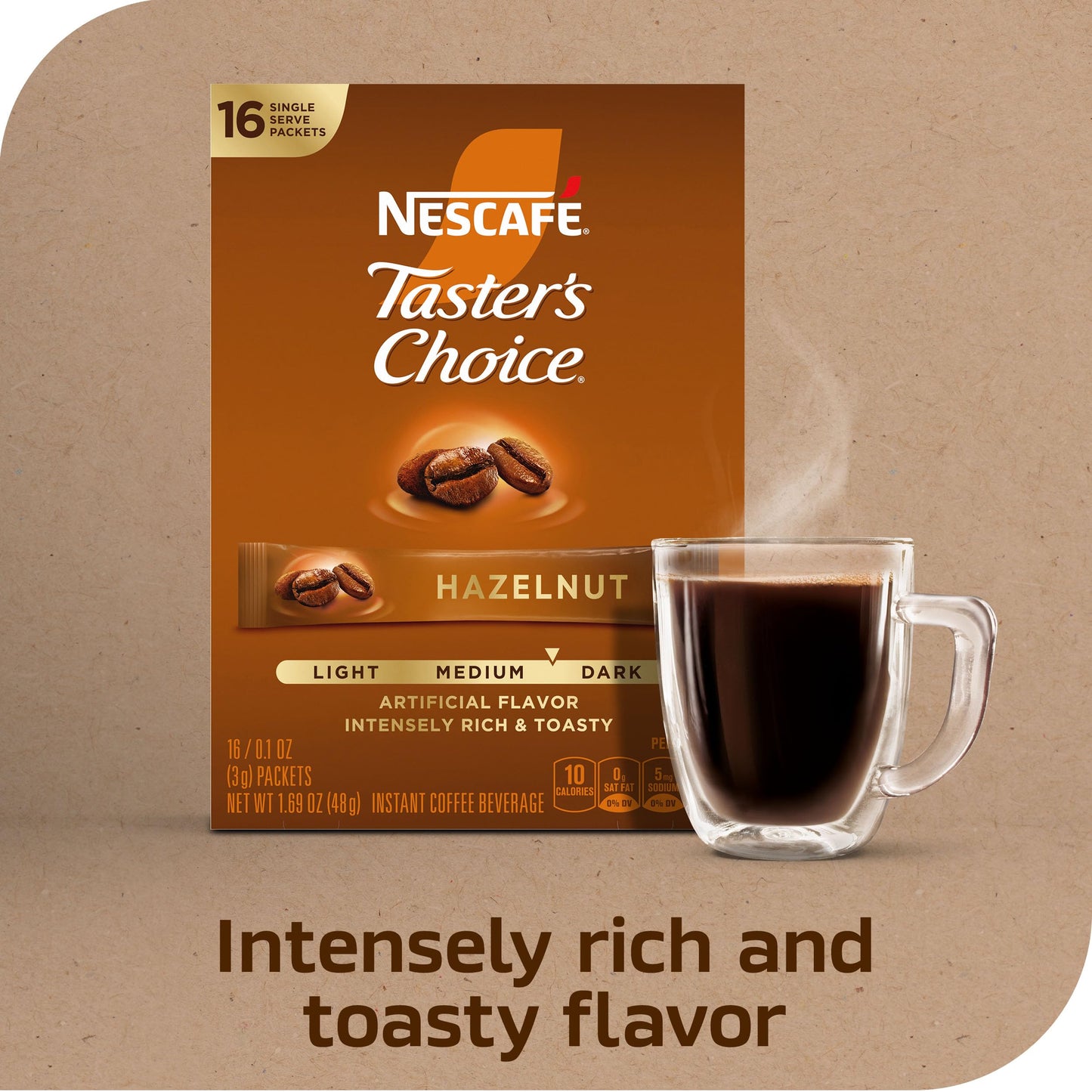NESCAFÉ Taster's Choice, Instant Coffee Packets, Hazelnut Flavored Coffee, 8 Boxes (128 Packets)