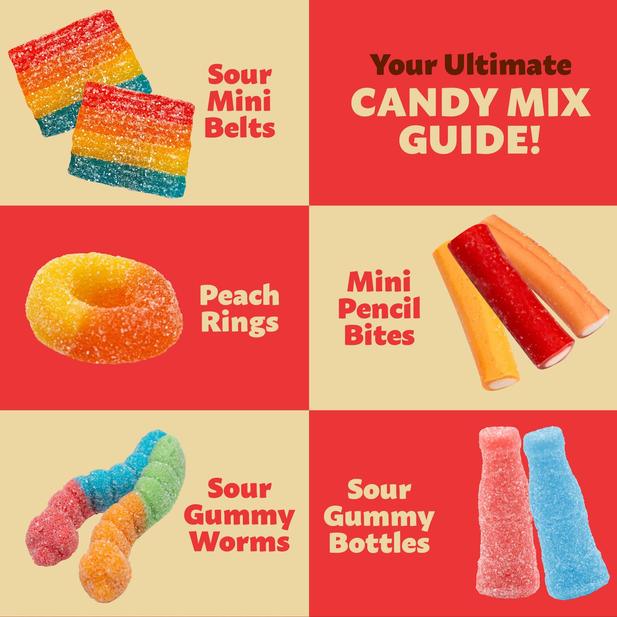 Gummy Candy Mix | 2-Pound Bag | Peach Rings, Pencil Bites, Neon Worms, Bottles, Belts | Sweet & Sour Gummies for Candy Buffets, Snacking, and Gifting