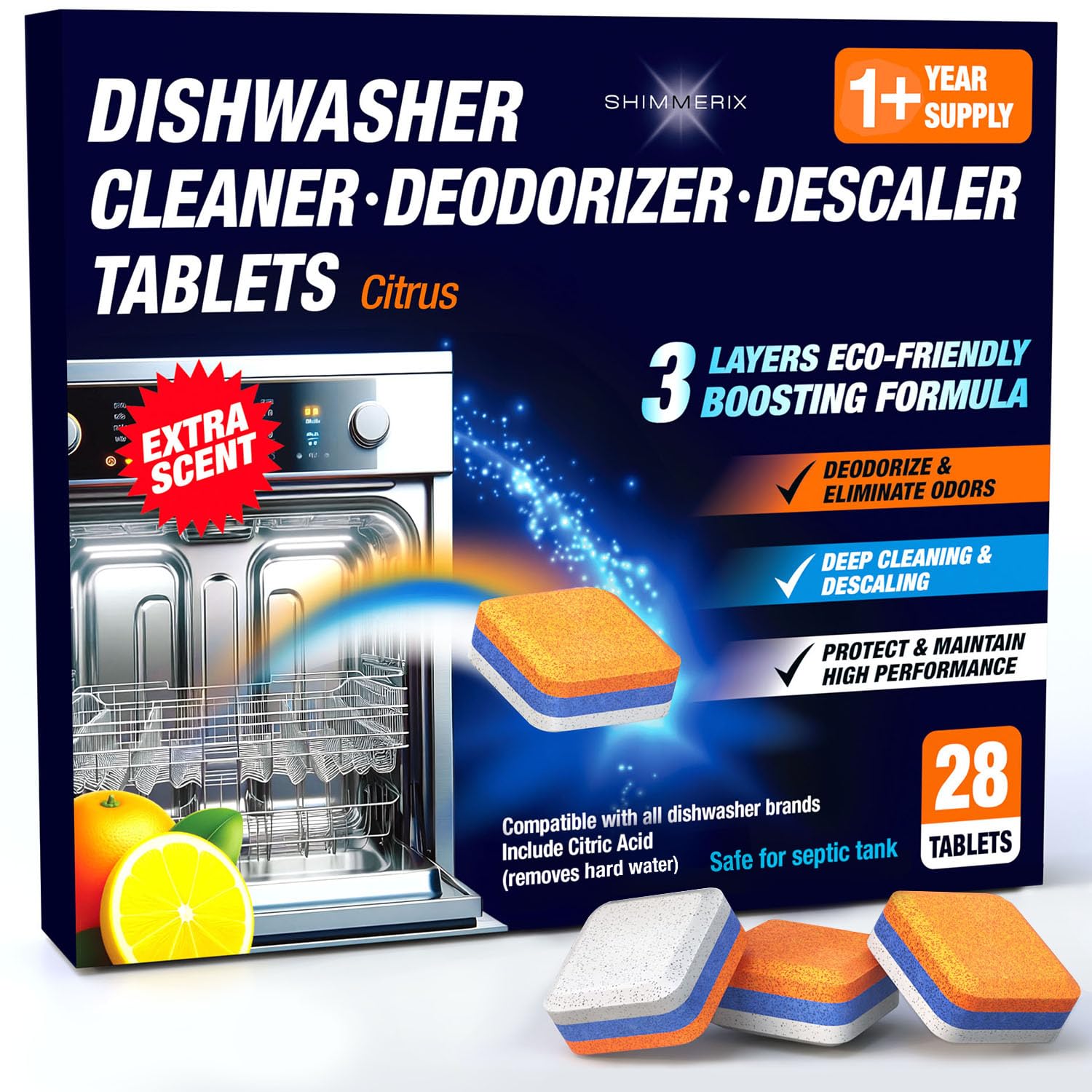 Dishwasher Cleaner Deodorizer Descaler Tablets - 28 Tabs - 1 Plus Year Supply - Extra Scented Deep Cleaning Sanitizer Pods - Remove Hard Water