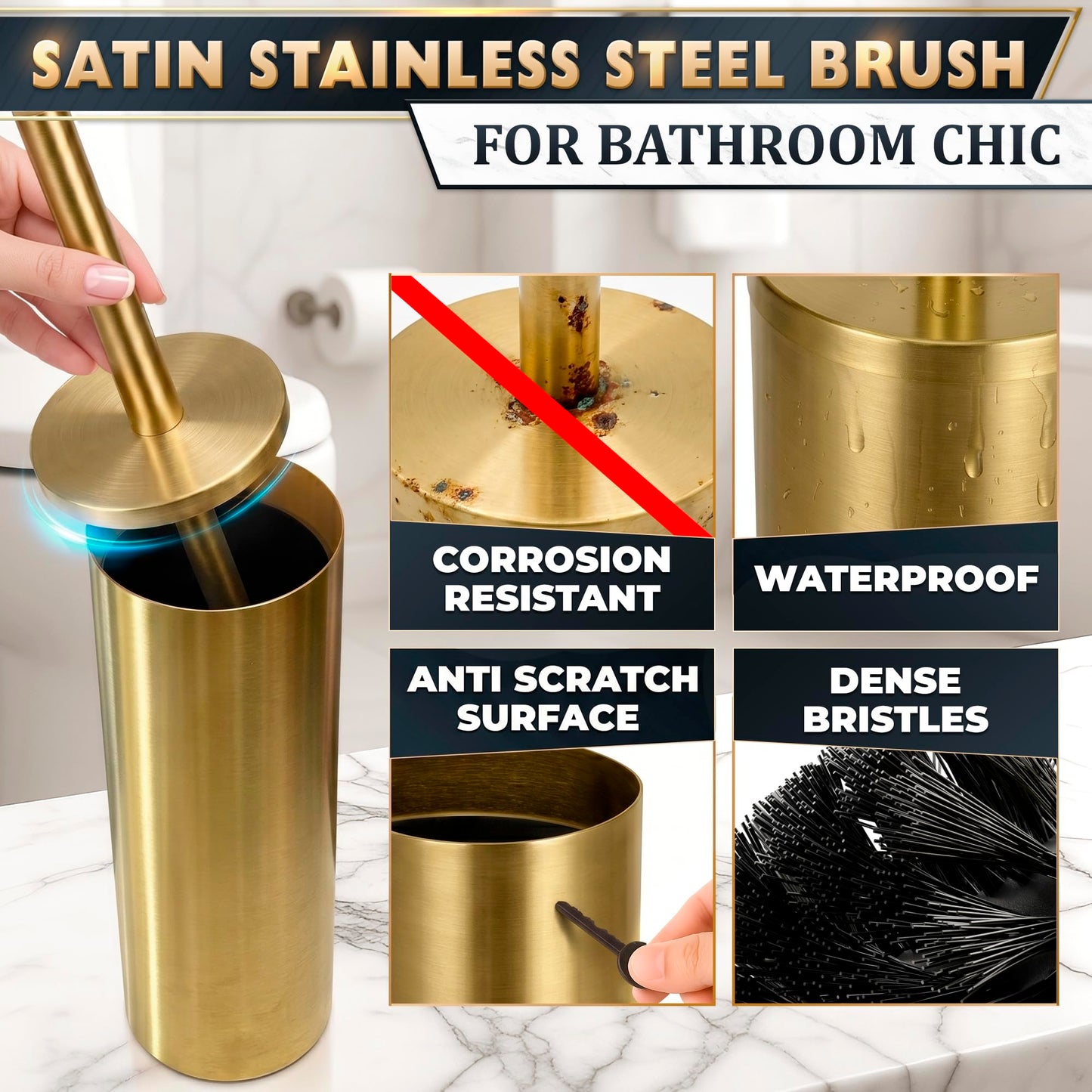 Gold Toilet Brush and Holder Set - Free-Standing Stainless Steel Gold Toilet Bowl Brush and Holder with Replaceable Head, Removable Inner Bowl