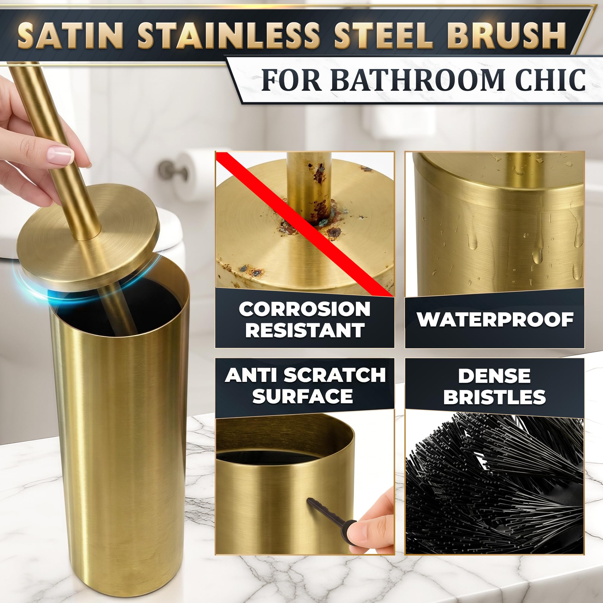 Gold Toilet Brush and Holder Set - Free-Standing Stainless Steel Gold Toilet Bowl Brush and Holder with Replaceable Head, Removable Inner Bowl