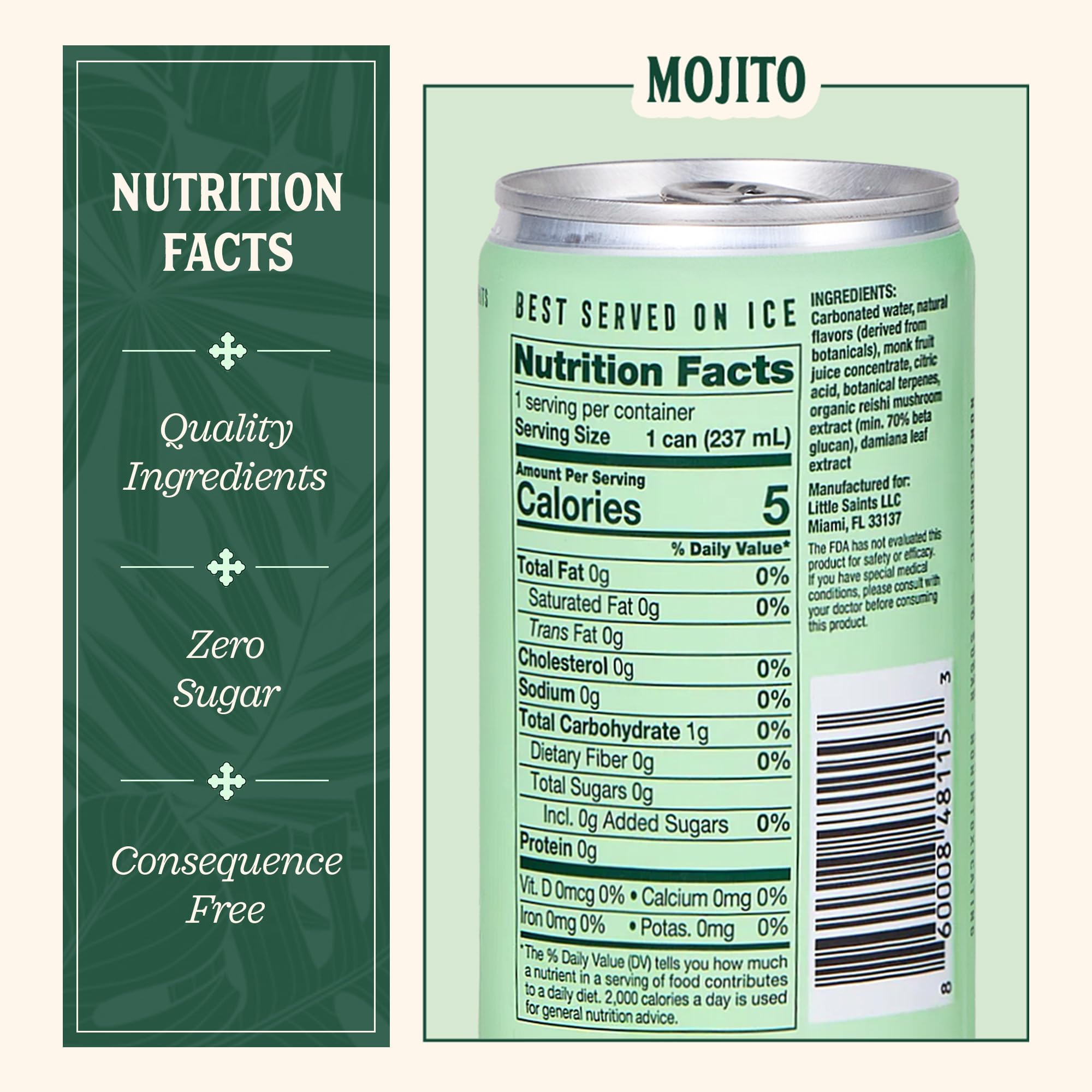 Little Saints Non-Alcoholic Mojito Mocktail | Crisp Mint & Lime | Crafted with Reishi Mushroom, Damiana & Adaptogens for Calm & Ease | 5 Calories |