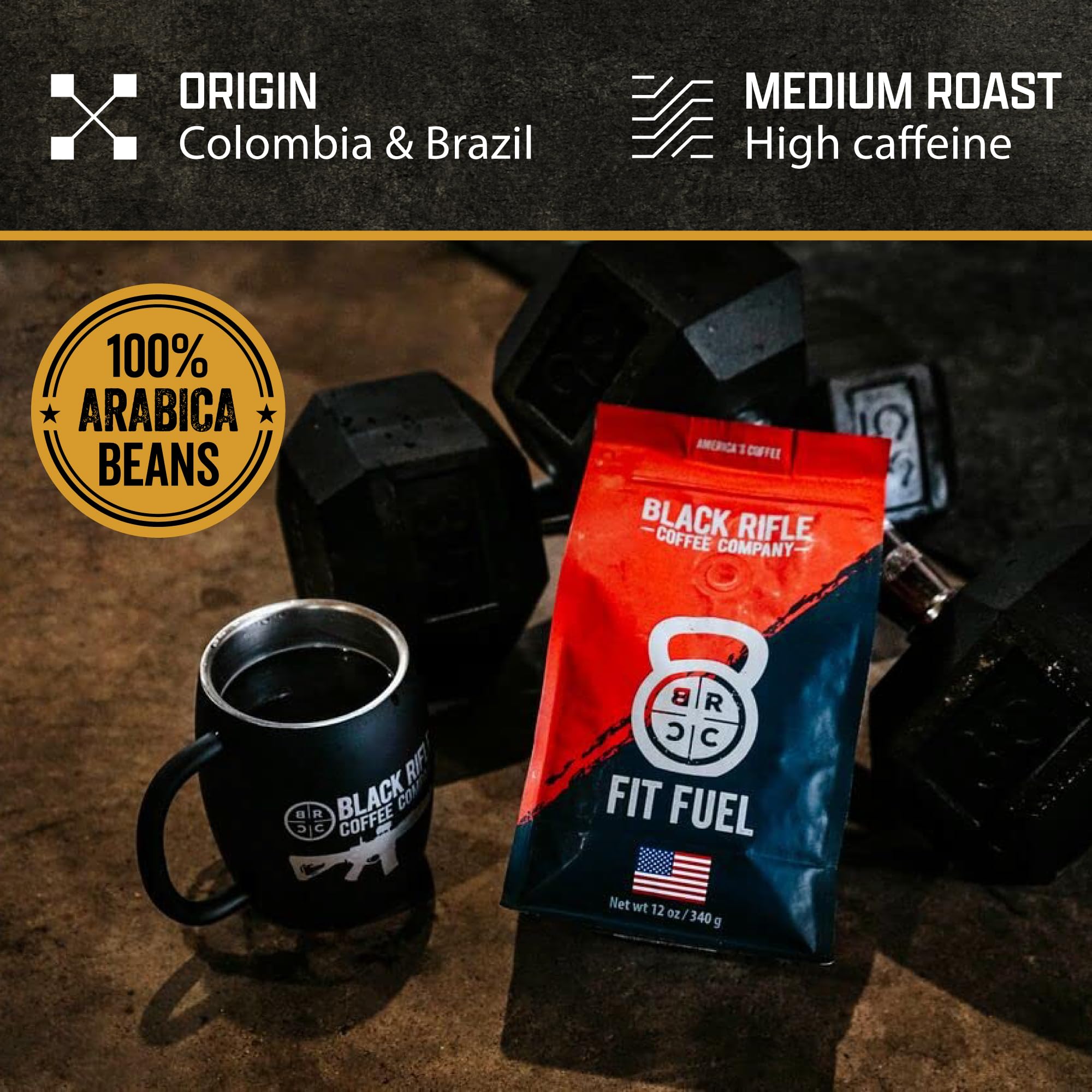 Black Rifle Coffee Company Fit Fuel, Medium Roast Whole Coffee Beans, 12 OZ Bag