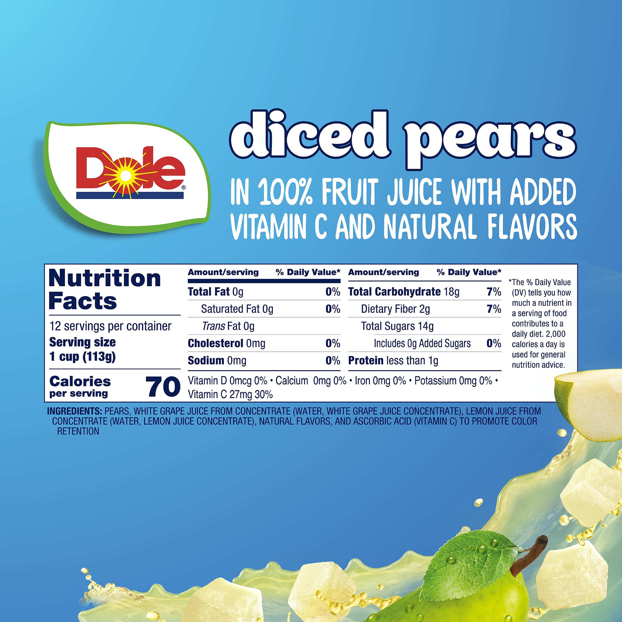 Dole Diced Pears in 100% Juice - Dole Fruit Bowls Snacks - 4 oz Fruit Bowls - 12 Pack