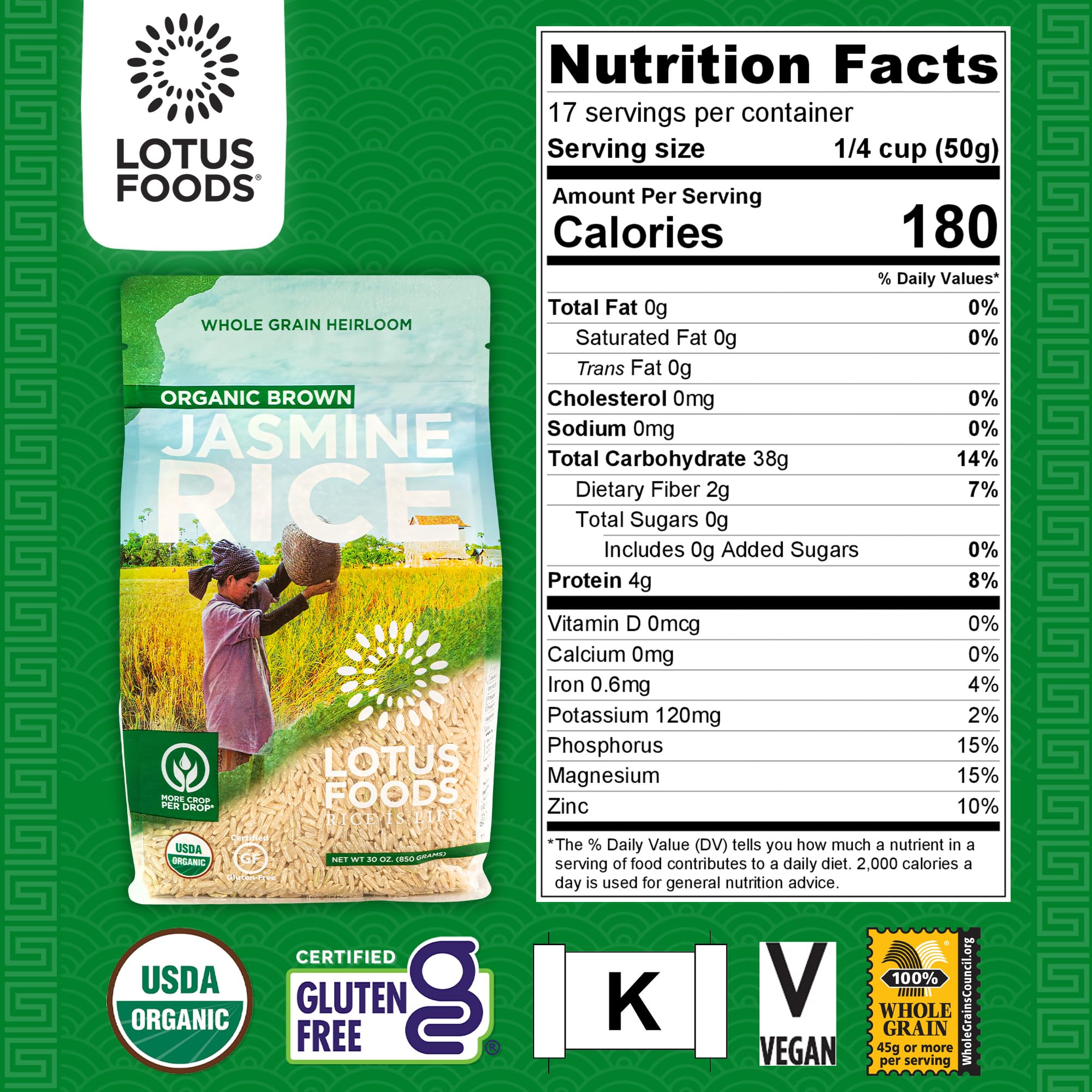 Lotus Foods Organic Brown Jasmine Rice - Whole Grain Jasmine Rice, Gluten Free Brown Rice, Organic Rice, Long Grain Asian Sticky Rice, Quick Cook Rice in Bulk, Gluten Free - 30 Oz (Pack of 2)