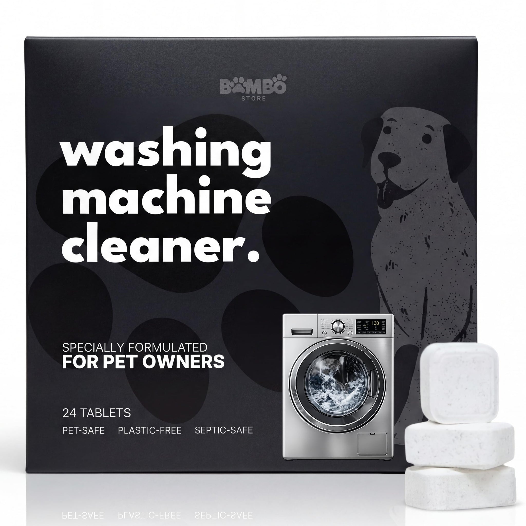 BOMBO STORE Washing Machine Cleaner for Pet Owners - Enzymatic Deep Clean Tablets for Pet Hair, Urine & Odor Removal - Septic Safe for HE, Front & Top