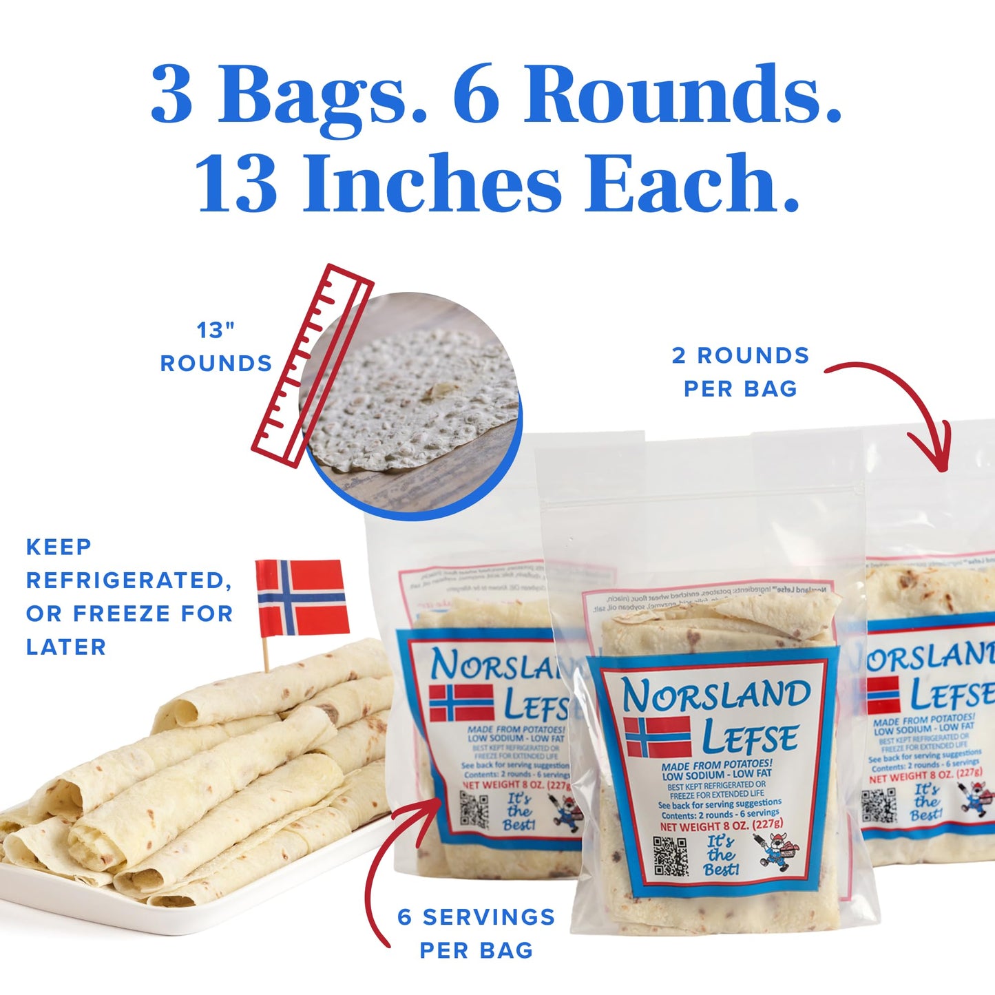 Norsland Authentic Norwegian Potato Lefse Flatbread - 3 Packages (8oz Each, 6 Rounds Total) | No Preservatives | Perfect for Holidays & Everyday Meals