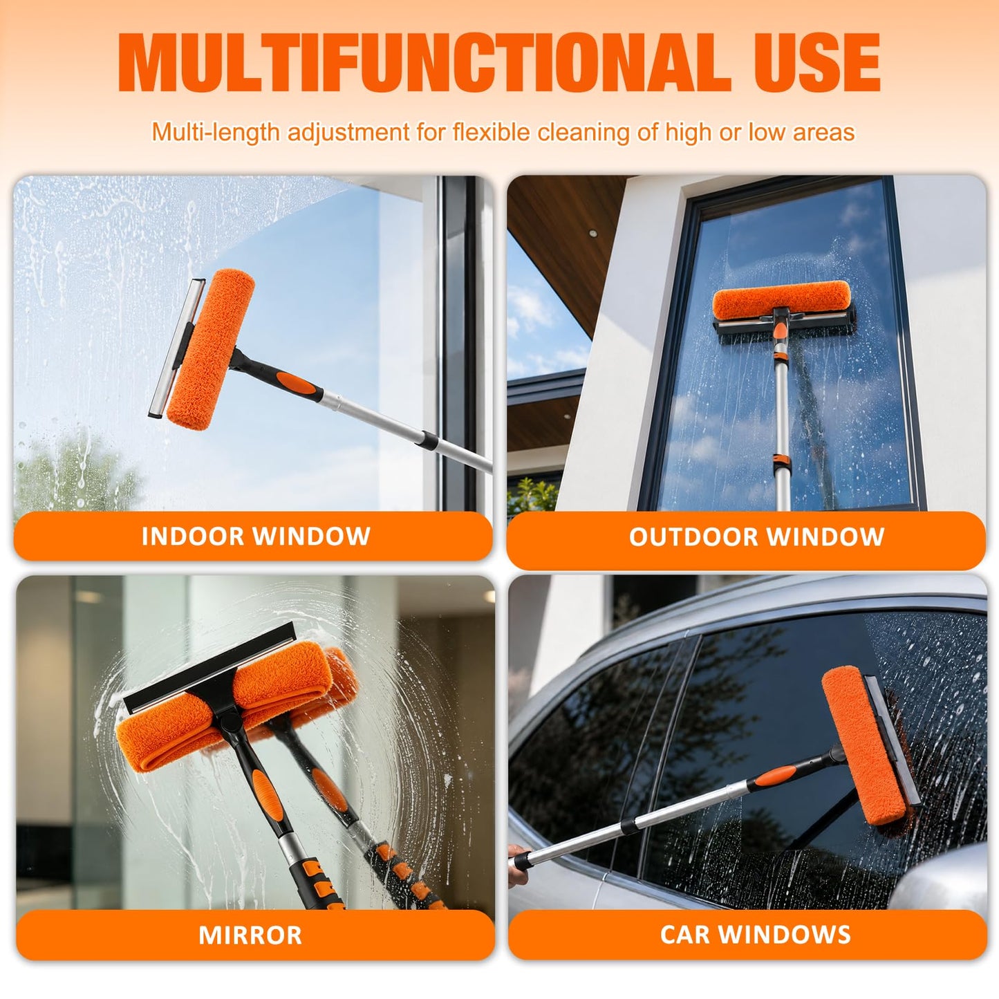 LAANPOLE 26FT Window Squeegee with Extension Pole, 2-in-1 Squeegee for Window Cleaning, Professional Cleaning Kit for Home with 20FT Telescoping Pole