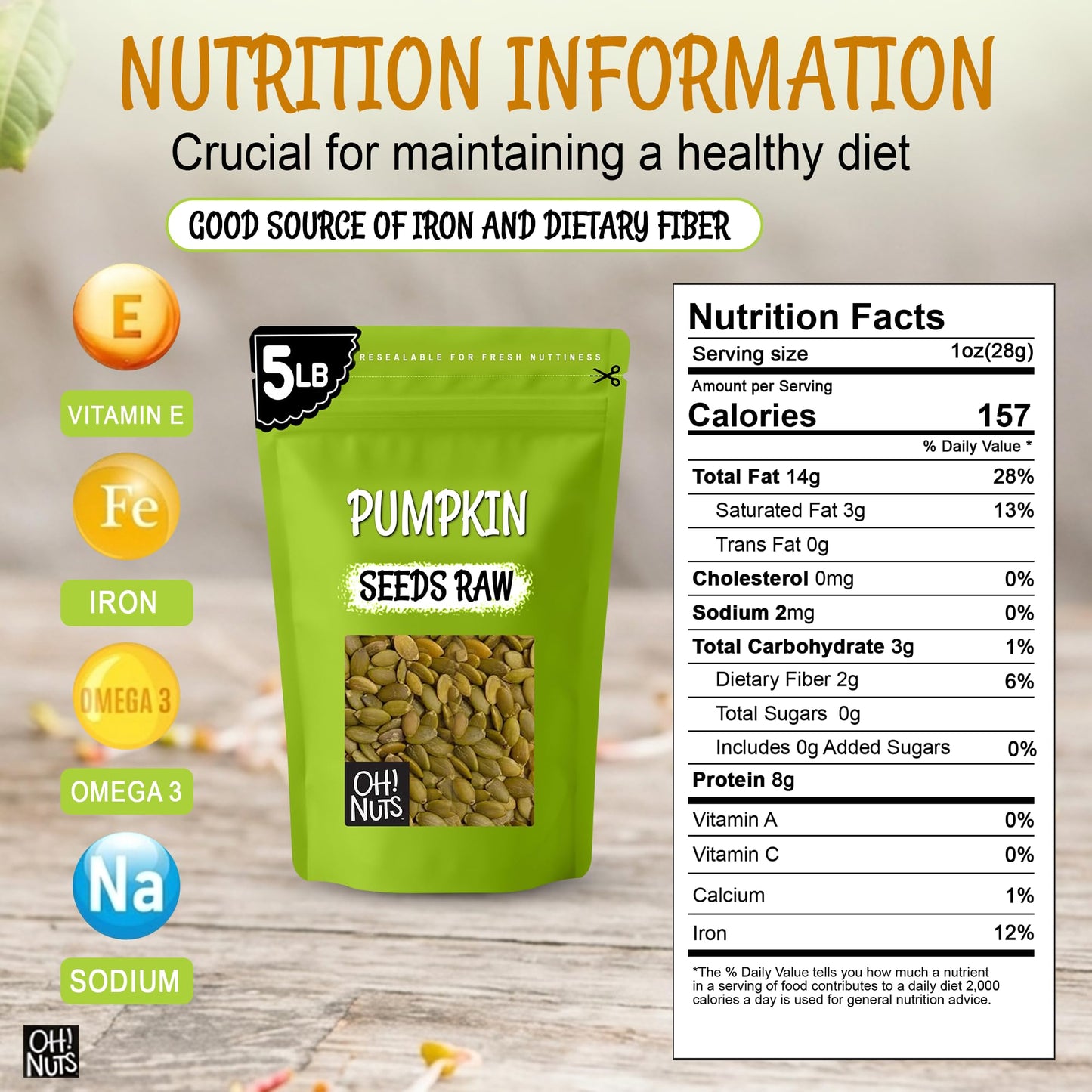 Oh! Nuts Pepitas Raw Unsalted Pumpkin Seeds - Resealable 5-Pound Bulk Bag - All-Natural Protein Power - Fresh, Healthy Snacks - Unshelled Pepitas