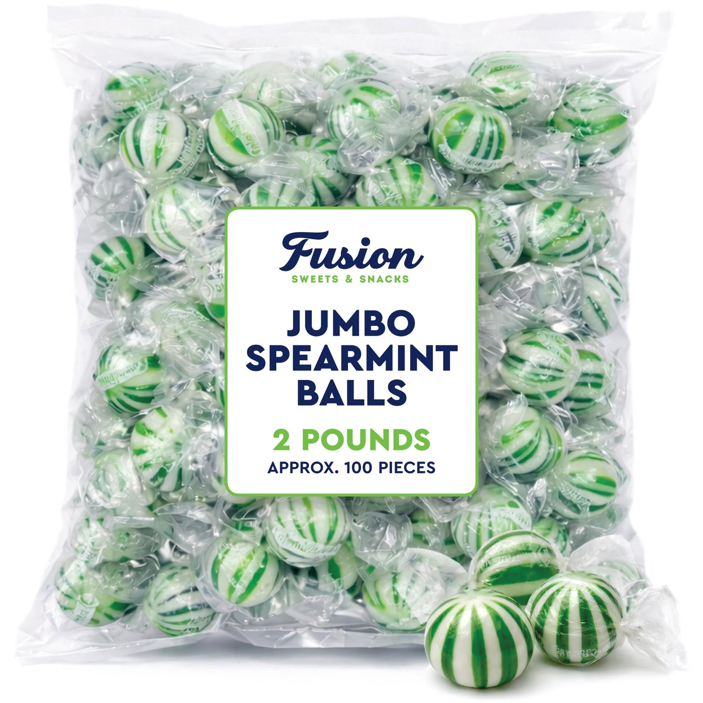Jumbo Spearmint Mint Balls - 2 Pound Bulk Bag, Spearmint Candy Individually Wrapped, Green And White Candy Jumbo Pieces, Hard Mint Spheres