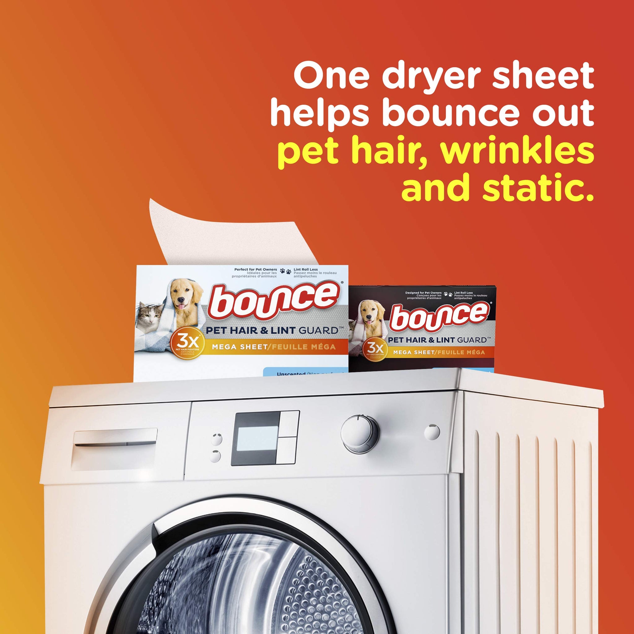 Bouce Bounce Pet Hair and Lint Guard Mega Dryer Sheets for Laundry, Fabric Softener with 3X Pet Hair Fighters, Unscented, Hypoallergenic, 120 Count