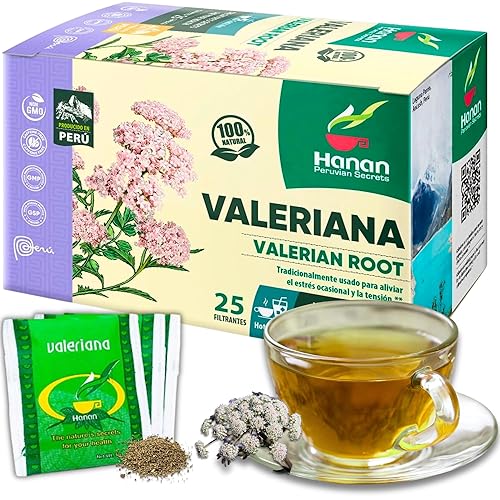 Hanan Valerian Root Tea (Valeriana) - 25 Herbal Tea Bags from Peru - Nature’s Calming Supplement for Relaxation Before Bed - 1000mg Valeerian Valerain