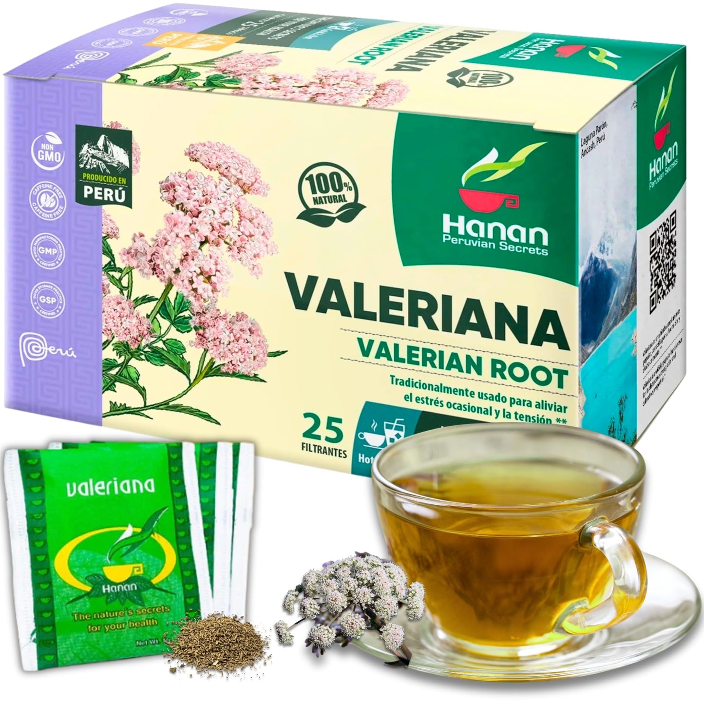Hanan Valerian Root Tea (Valeriana) - 25 Herbal Tea Bags from Peru - Nature’s Calming Supplement for Relaxation Before Bed - 1000mg Valeerian Valerain