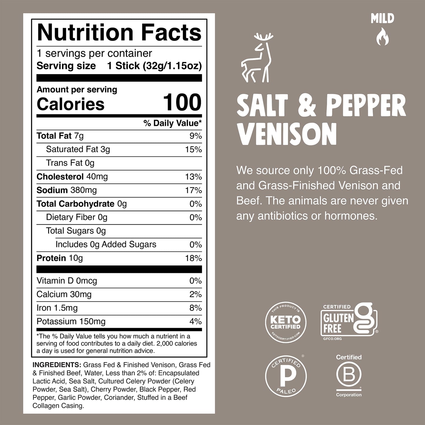Chomps Grass-Fed & Finished Salt & Pepper Venison Jerky Meat Snack Sticks 10-Pack - Keto, Paleo, Low Carb, Whole30 Approved, 10g Lean Meat Protein