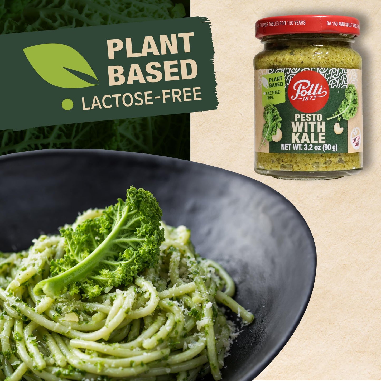 Polli Kale Pesto - Italian Plant Based Pesto Sauce with Extra Virgin Olive Oil & Pine Nuts, Vegan Pasta Sauce, Dairy Free, Made in Italy, 2 x 3.2 oz