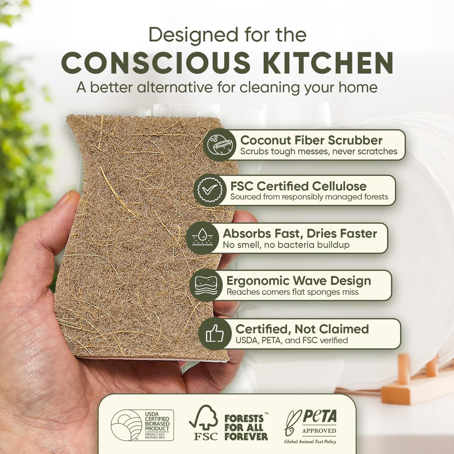 Plant-Based Kitchen Sponges (24 Pack) | USDA Biobased Certified | FSC & PETA Approved | Natural Cellulose & Coconut Scrubber Sponge | S-Shaped Design
