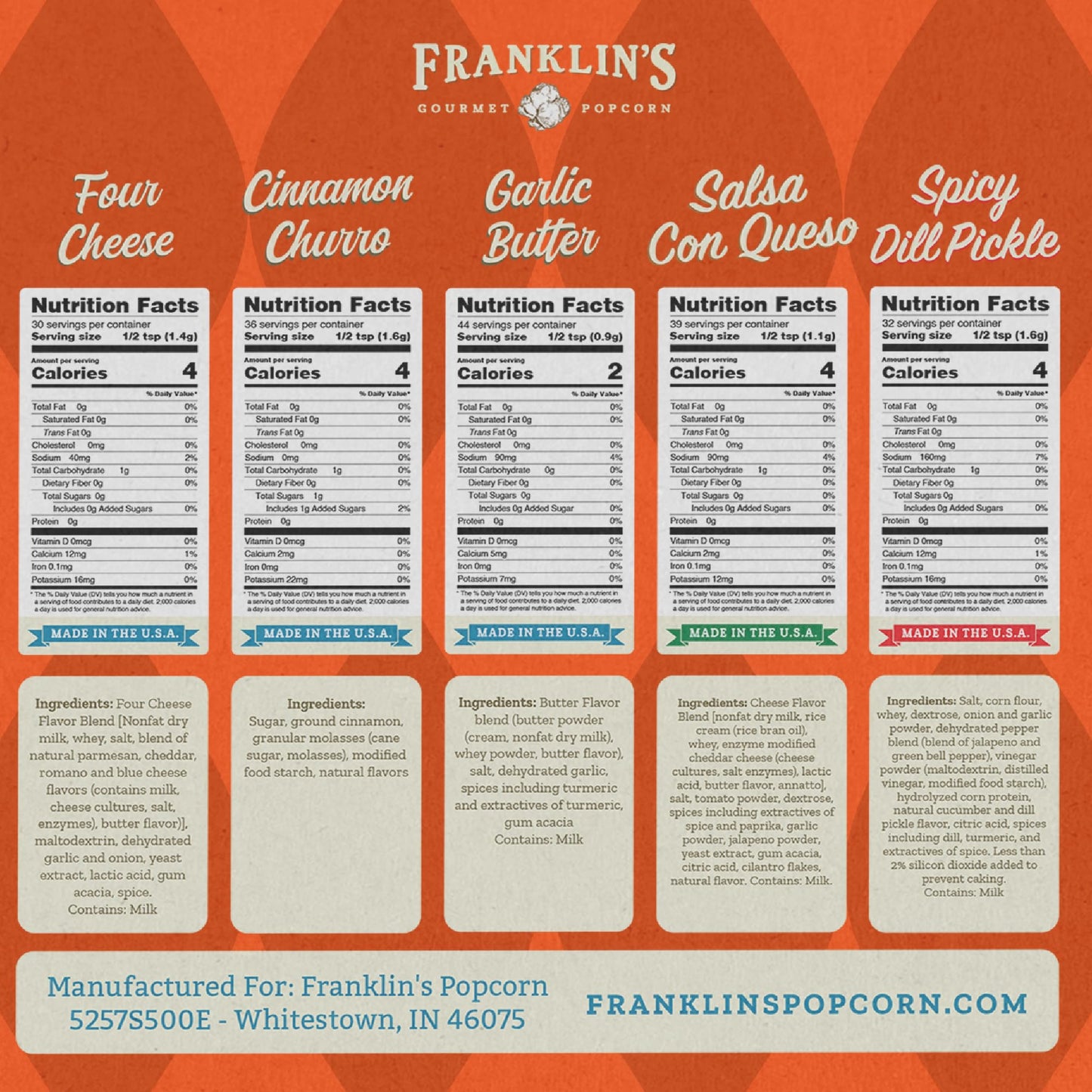 Franklin's Gourmet Popcorn Seasoning Powder Variety Pack in 5 Flavors - Made in USA - Dill, Garlic, Cheese & Cinnamon Popcorn Flavoring Seasoning Set