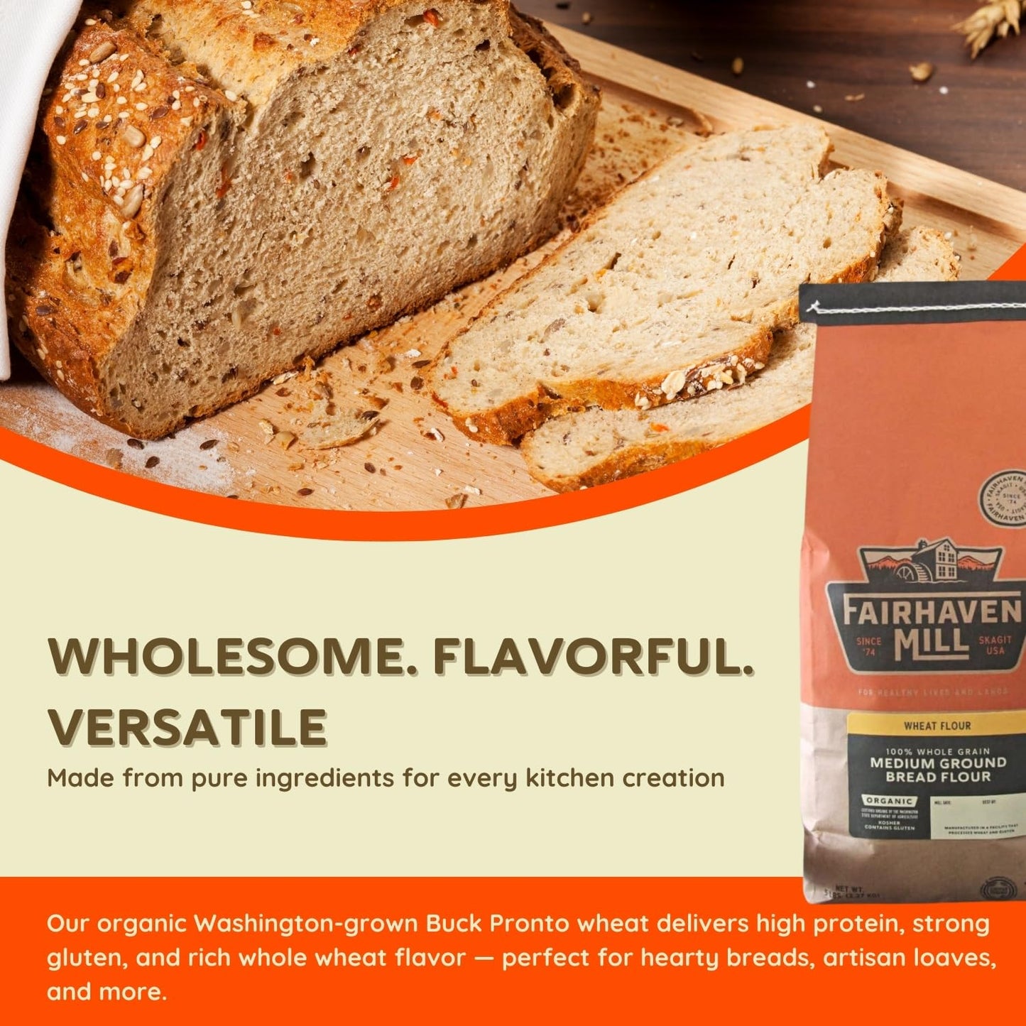 Fairhaven Mill Medium Ground Whole Wheat Bread Flour - USDA Organic Certified and 100% Whole Grain - Nutty Flavor & Chewy Crumb for Rustic Loaves