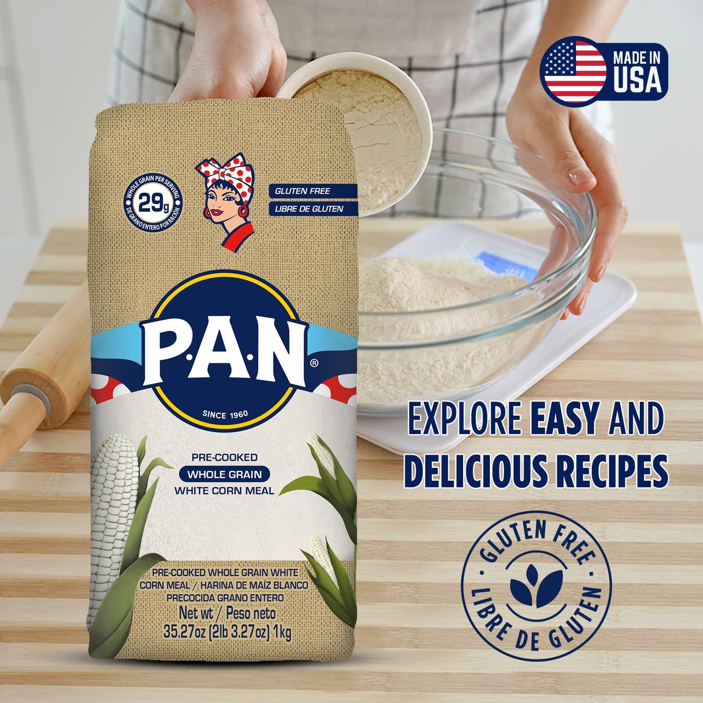 P.A.N. Whole Grain White Corn Meal - Pre-cooked Gluten Free and Kosher Flour (2lb 3.27oz) (Pack of 1)
