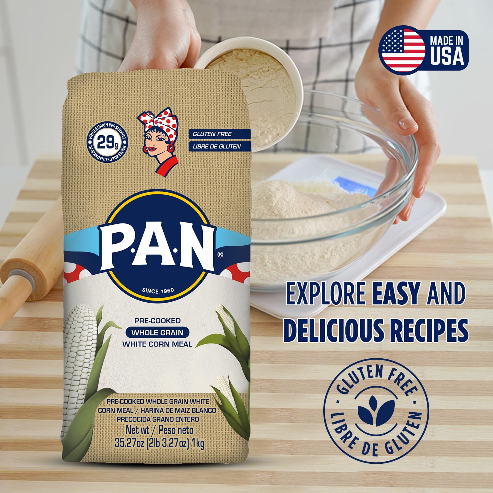 P.A.N. Whole Grain White Corn Meal - Pre-cooked Gluten Free and Kosher Flour (2lb 3.27oz) (Pack of 1)