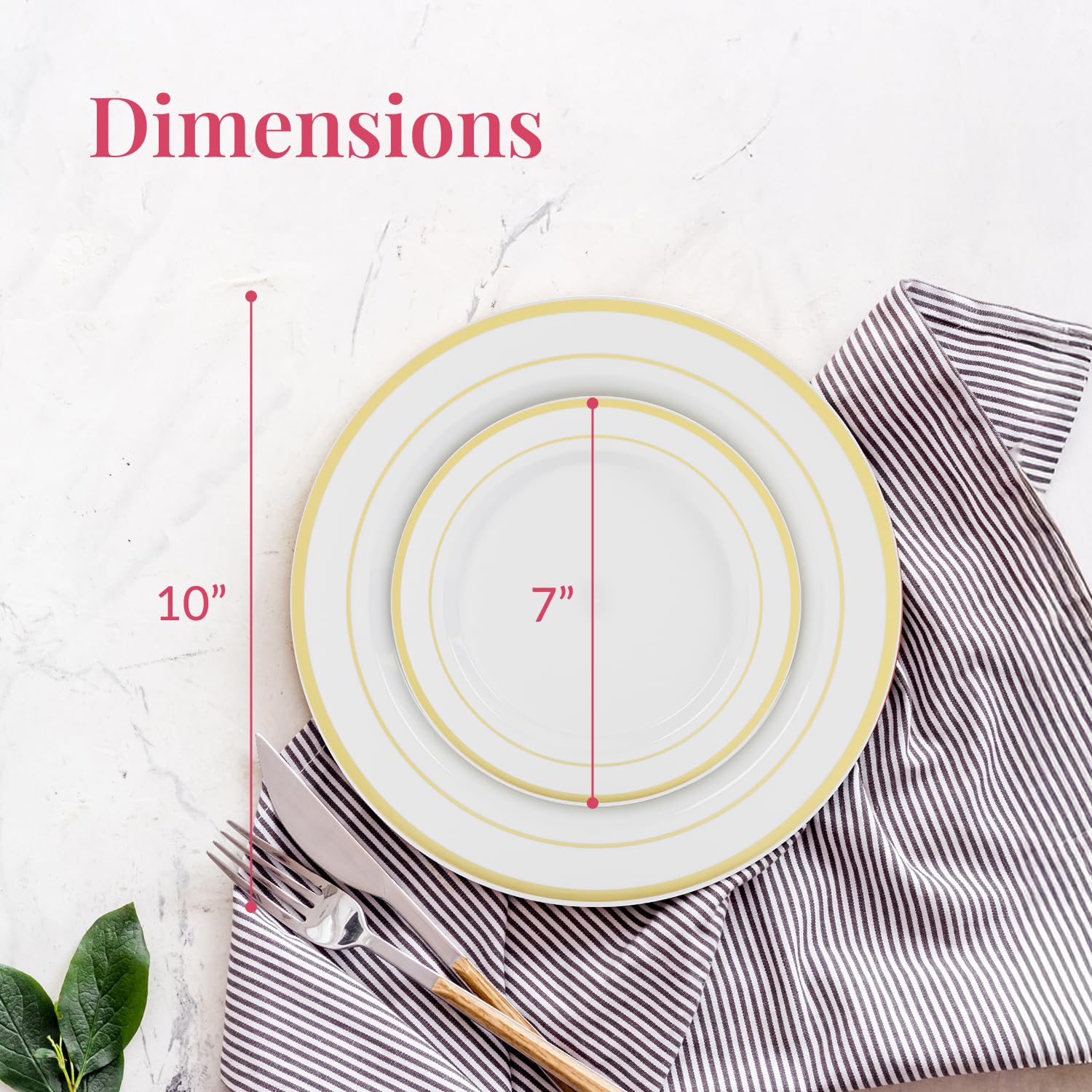 Prestee 50-Piece Disposable Plates Set - White with Gold Rimmed Plastic Plate for Parties, Holidays, Weddings - Includes 25 Dinner Plates and 25 Small