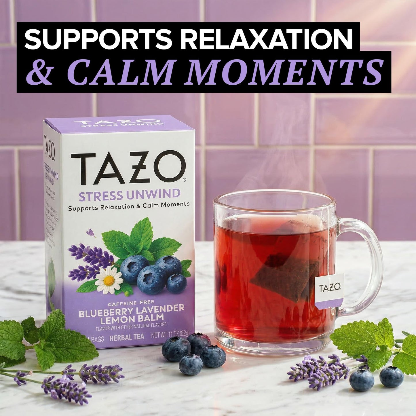 TAZO Herbal Tea Bags, Stress Unwind Blueberry Lavender Lemon Balm, 16 Count (Pack of 1)