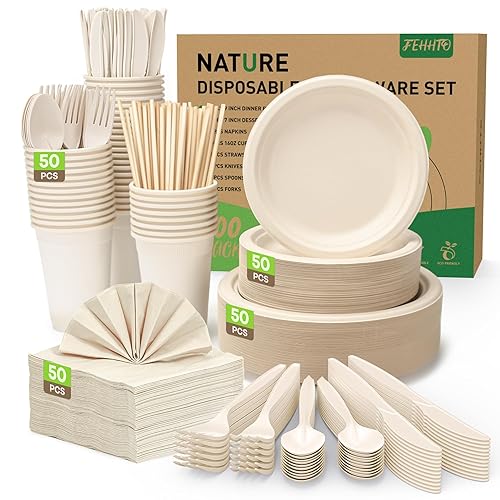 FEHHTO 400PCS Disposable Paper Plates Set, Compostable Eco-friendly Dinnerware Set, Biodegradable Heavy-Duty Paper Plates, Utensils, Cups, Napkins