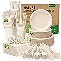 FEHHTO 400PCS Disposable Paper Plates Set, Compostable Eco-friendly Dinnerware Set, Biodegradable Heavy-Duty Paper Plates, Utensils, Cups, Napkins
