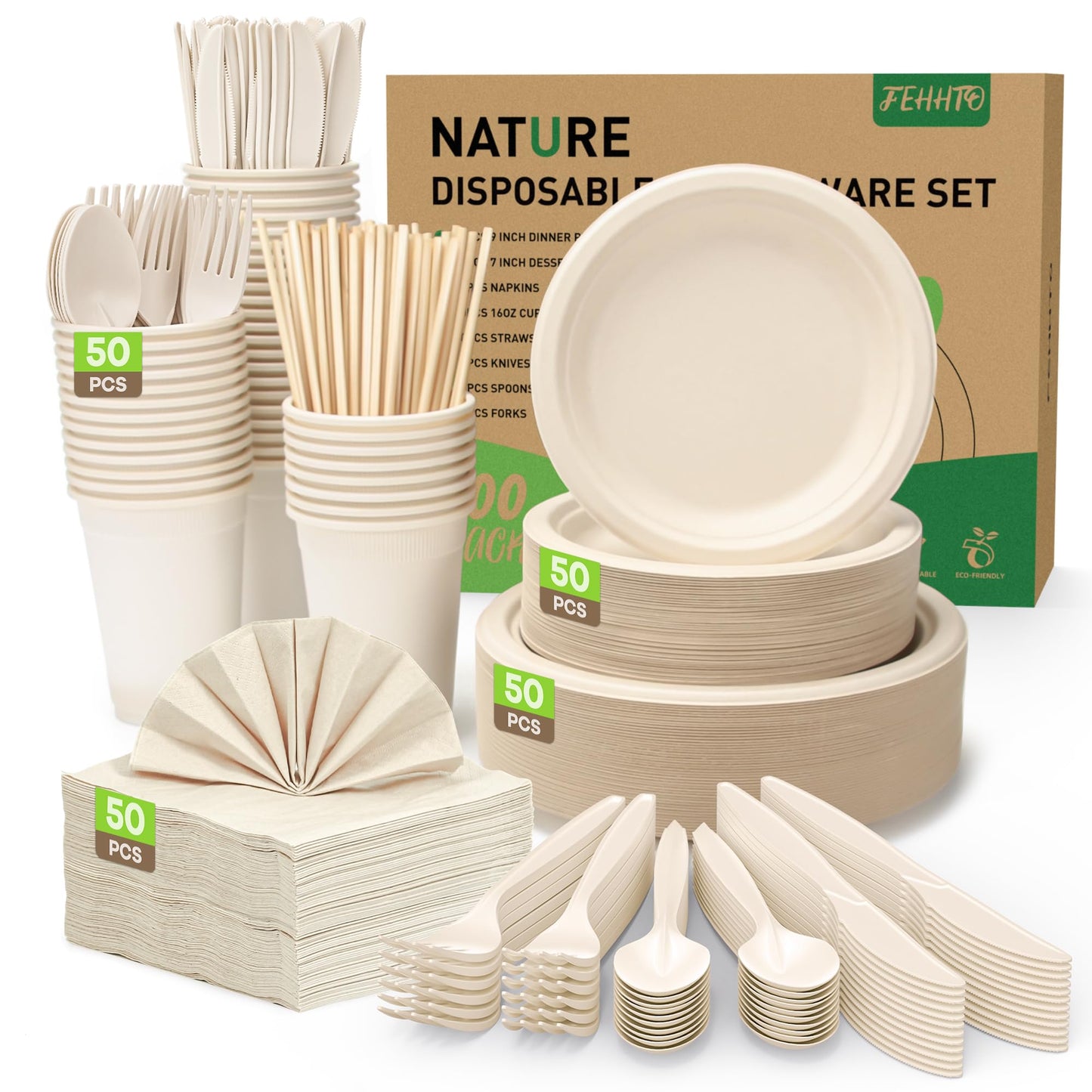 FEHHTO 400PCS Disposable Paper Plates Set, Compostable Eco-friendly Dinnerware Set, Biodegradable Heavy-Duty Paper Plates, Utensils, Cups, Napkins