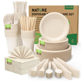 FEHHTO 400PCS Disposable Paper Plates Set, Compostable Eco-friendly Dinnerware Set, Biodegradable Heavy-Duty Paper Plates, Utensils, Cups, Napkins
