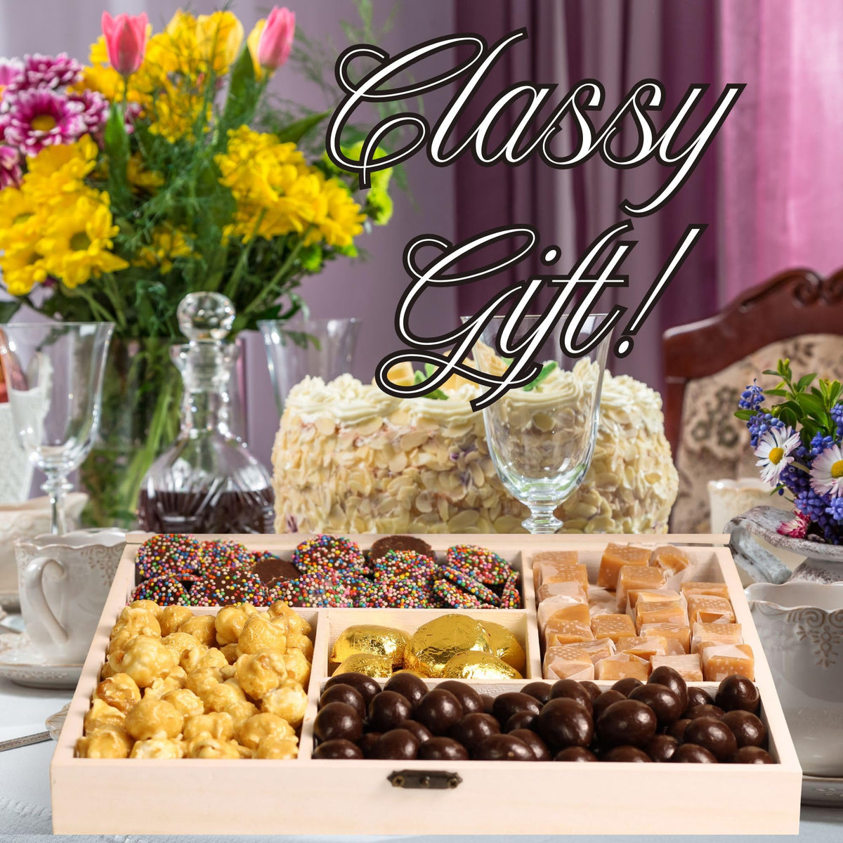 Classy Chocolate Candy Gift Tray - by It's Delish | Candy Gift Basket in Reusable Wooden Crate with Lid | Wood Platter with Holiday Treats and Candies