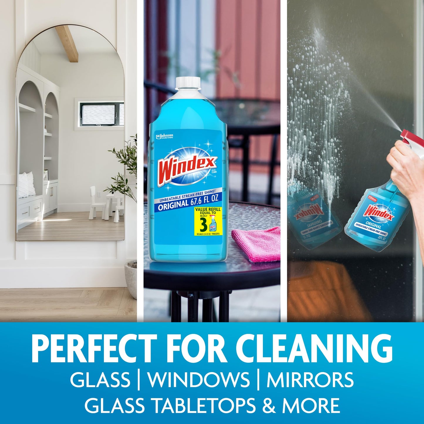 Windex Refill Glass and Window Cleaner Bottle, Bottle Made from 100% Recycled Plastic, Surface Cleaning Spray, Original Blue Scent, 2L (67.6 Fl Oz)