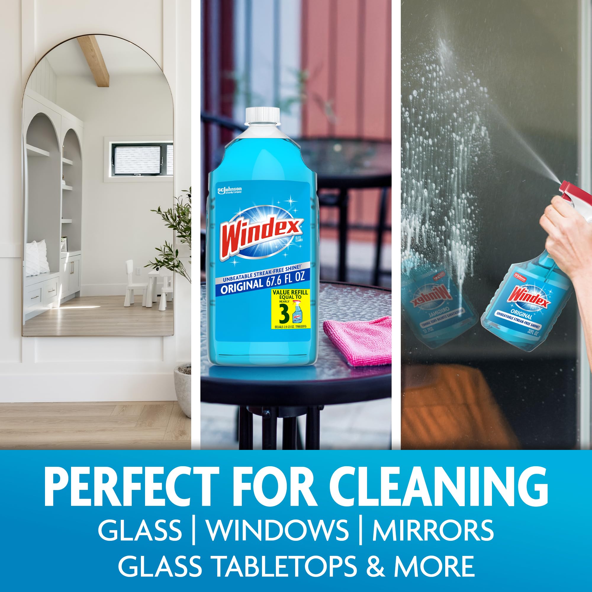 Windex Refill Glass and Window Cleaner Bottle, Bottle Made from 100% Recycled Plastic, Surface Cleaning Spray, Original Blue Scent, 2L (67.6 Fl Oz)