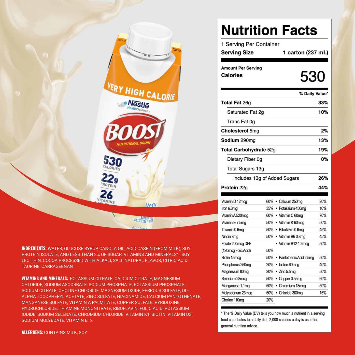 Boost Very High Calorie Very Vanilla Nutritional Drink - 22g Protein, 530 Nutrient Rich Calories, 8 Fl Oz (Pack of 24)