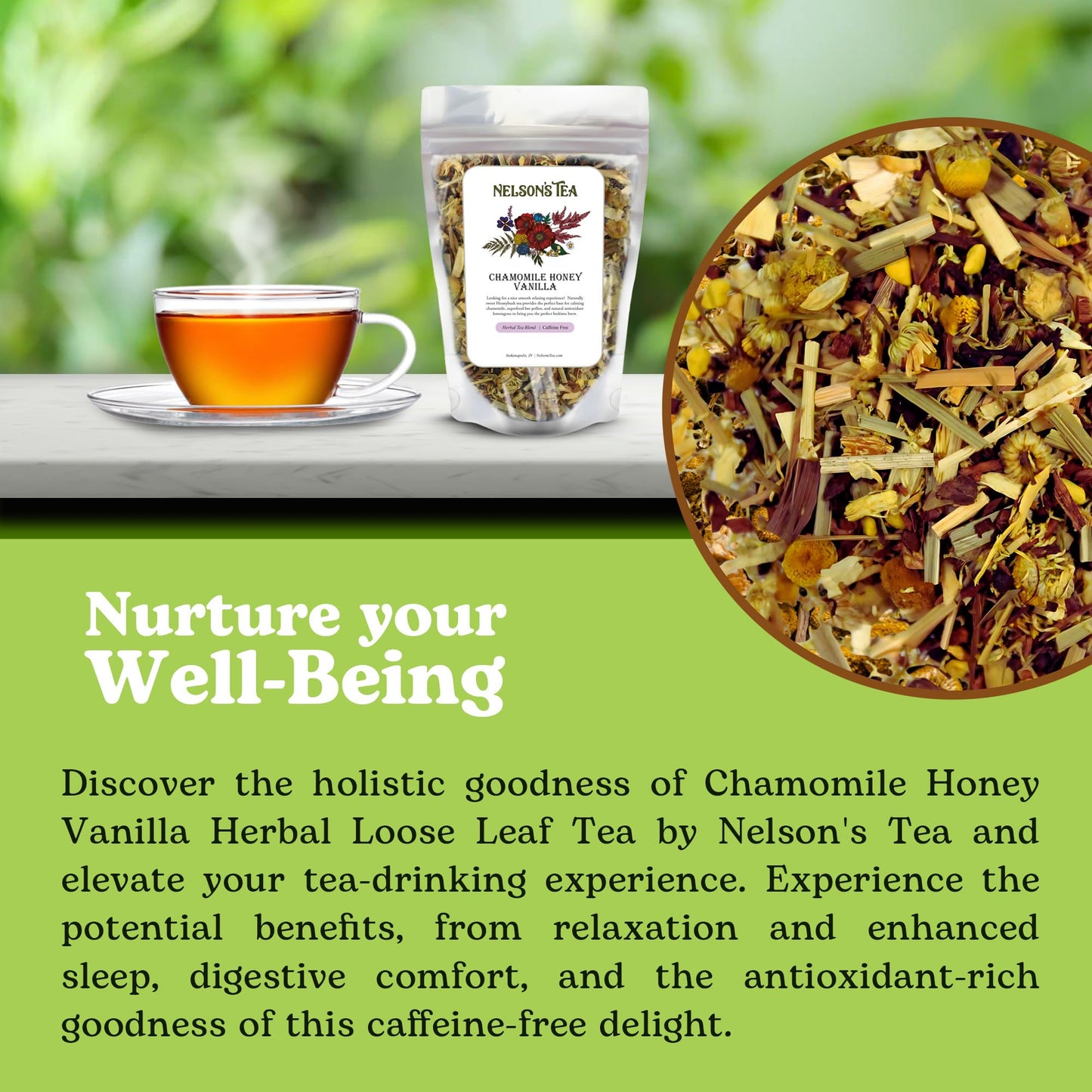 Nelson's Tea Chamomile Honey Vanilla - Caffeine-Free - Herbal Loose Leaf Tea, Curated Blend with Honeybush, Chamomile, Lemongrass, Licorice Root