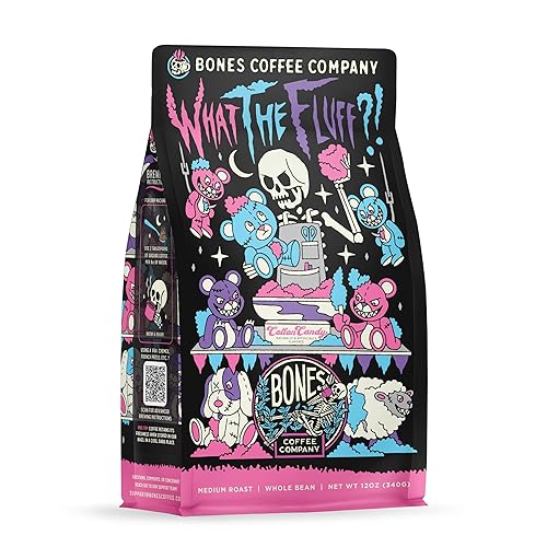 Bones Coffee Company What the Fluff?! Berry Cotton Candy Flavored Coffee, Medium Roast Low Acid Arabica Beans Compatible with Auto drip and French