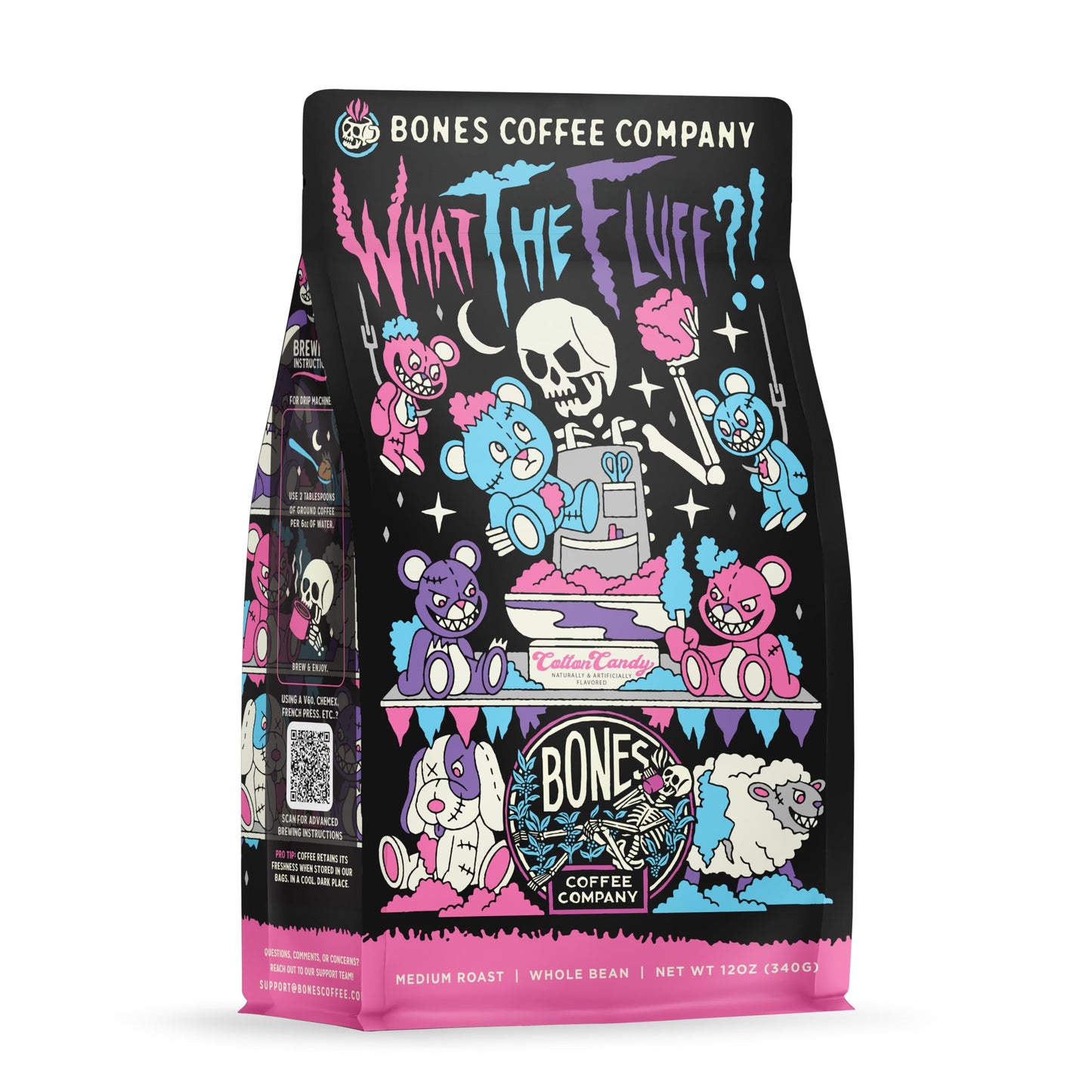 Bones Coffee Company What the Fluff?! Berry Cotton Candy Flavored Coffee, Medium Roast Low Acid Arabica Beans Compatible with Auto drip and French