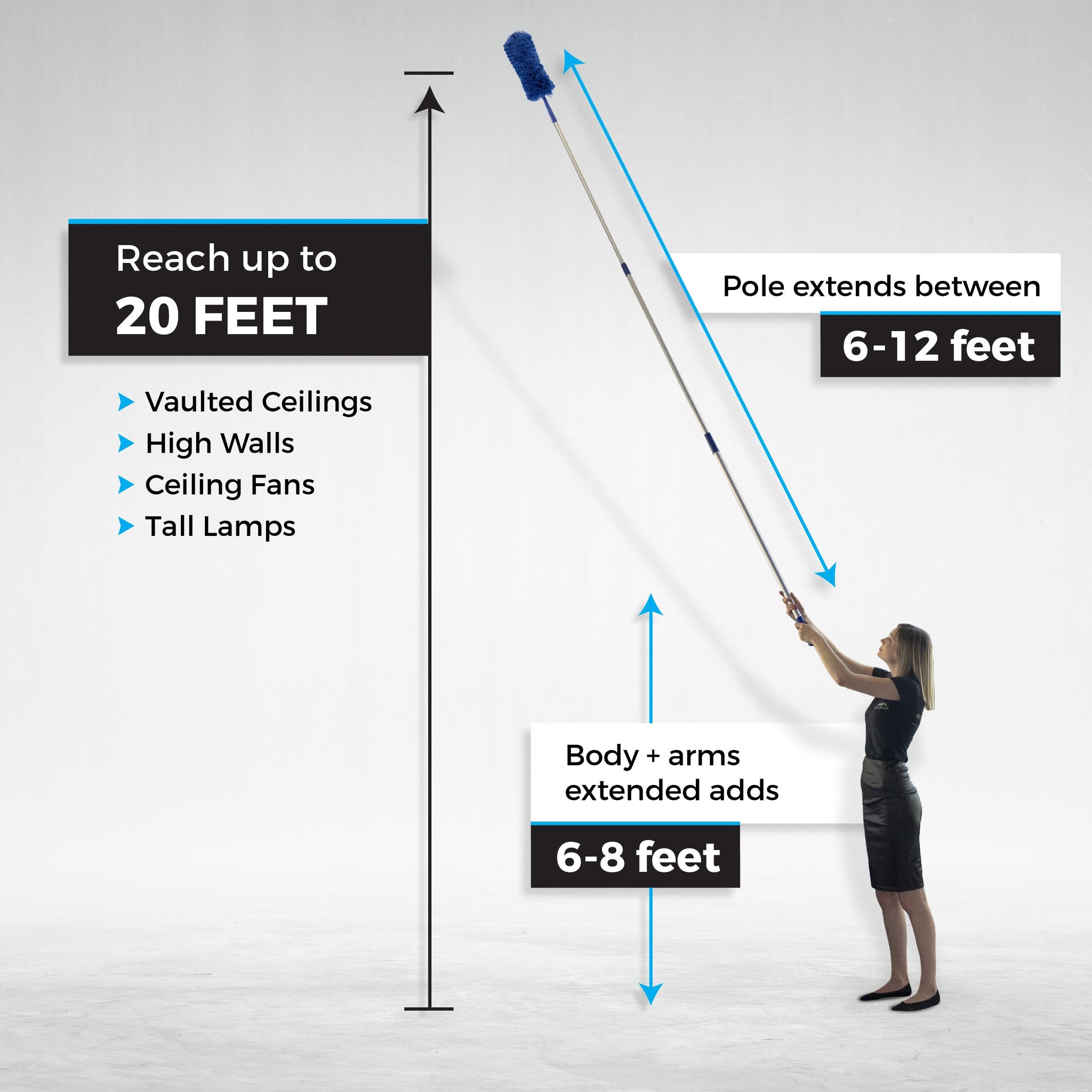 Blue Extension Rod Ceiling Duster with 18-20 feet Reach 3-Stage Aluminum Telescoping Pole - Cathedral, Cobweb, Microfiber, Ceilings Fan Duster
